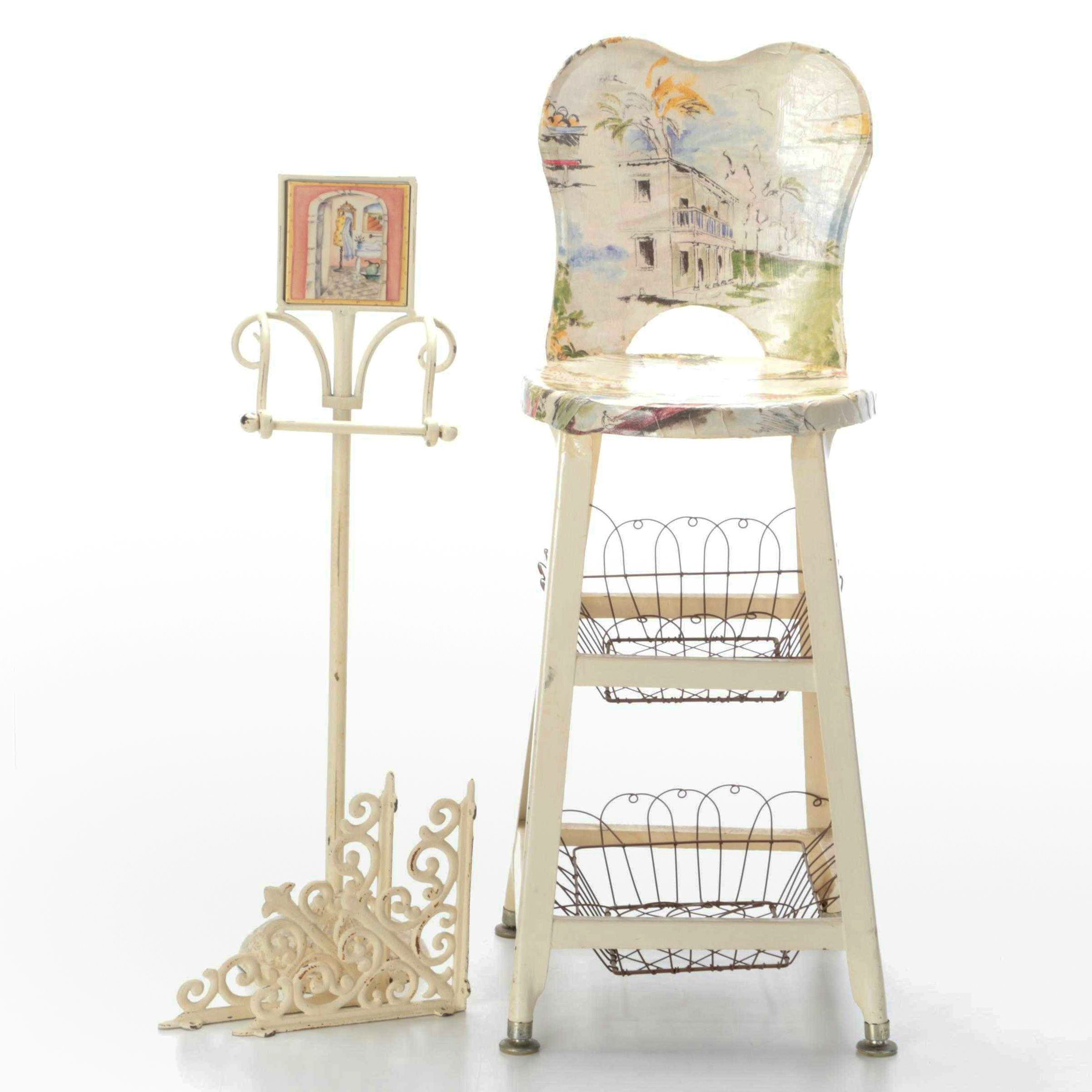 Painted Metal Kitchen Stool with Other Decor, Mid to Late 20th Century