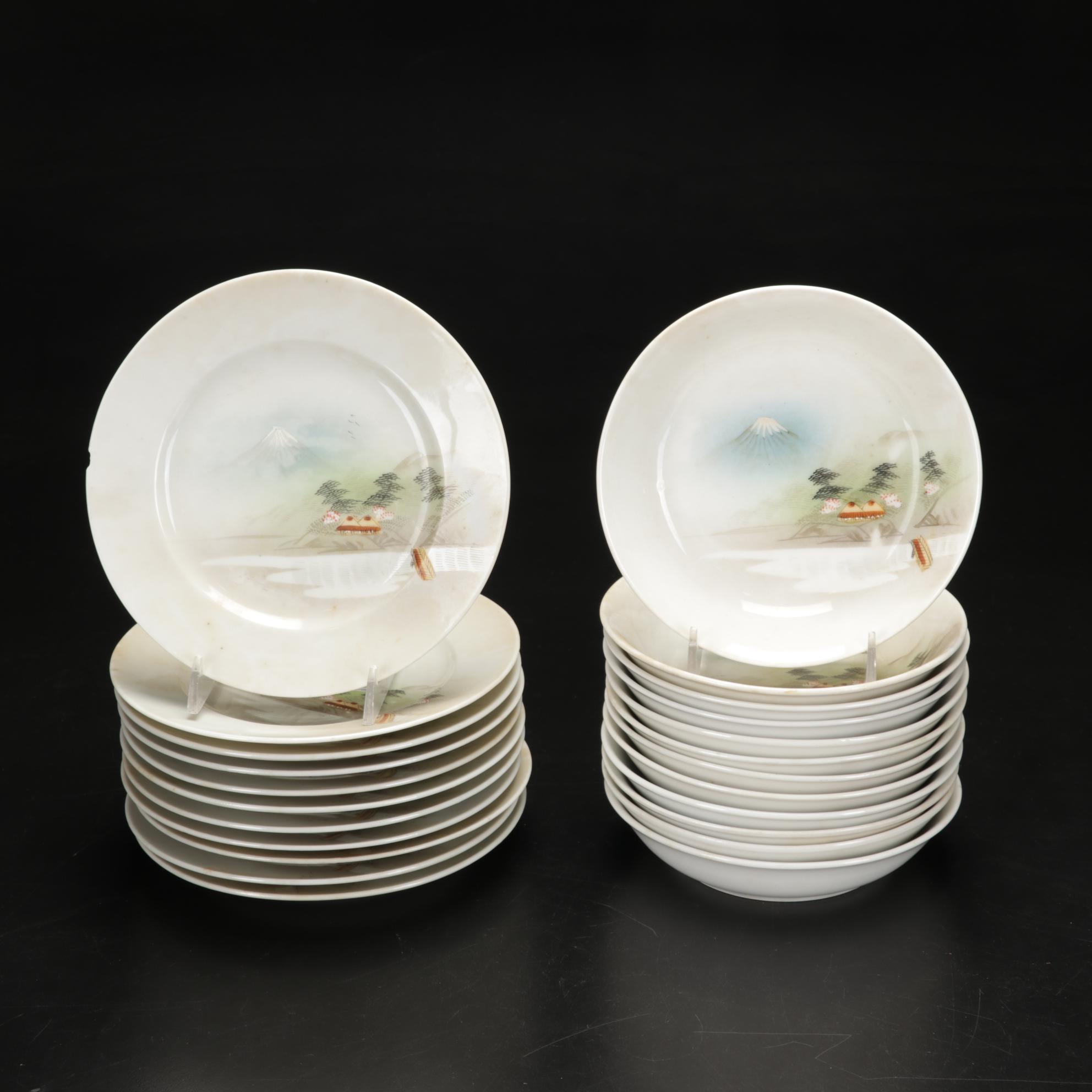 Kutani Dinnerware Features Rural Mt. Fuji Scene, 106 Pieces, Late 19th Century