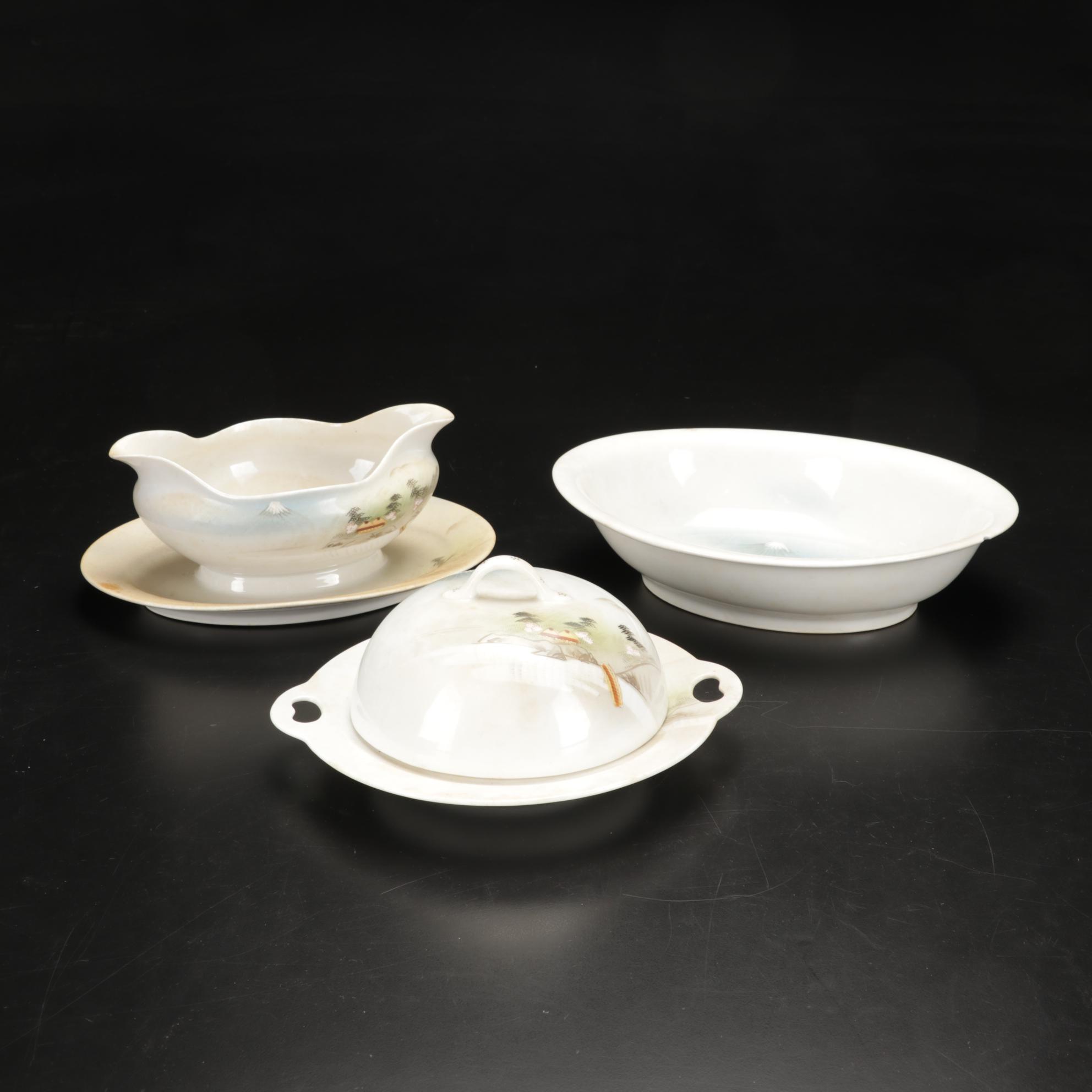 Kutani Dinnerware Features Rural Mt. Fuji Scene, 106 Pieces, Late 19th Century