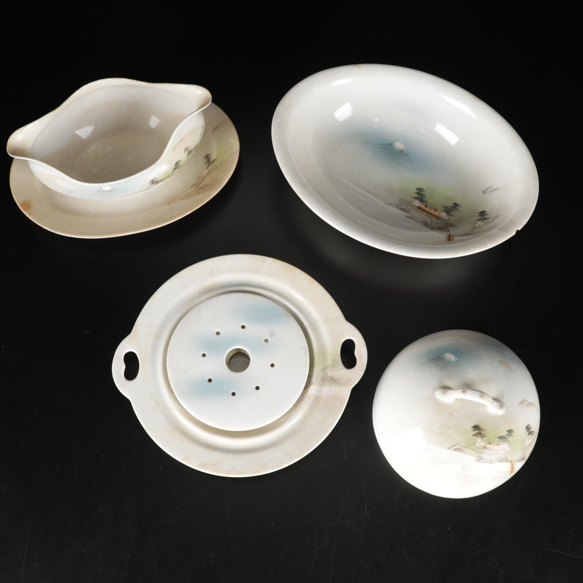 Kutani Dinnerware Features Rural Mt. Fuji Scene, 106 Pieces, Late 19th Century