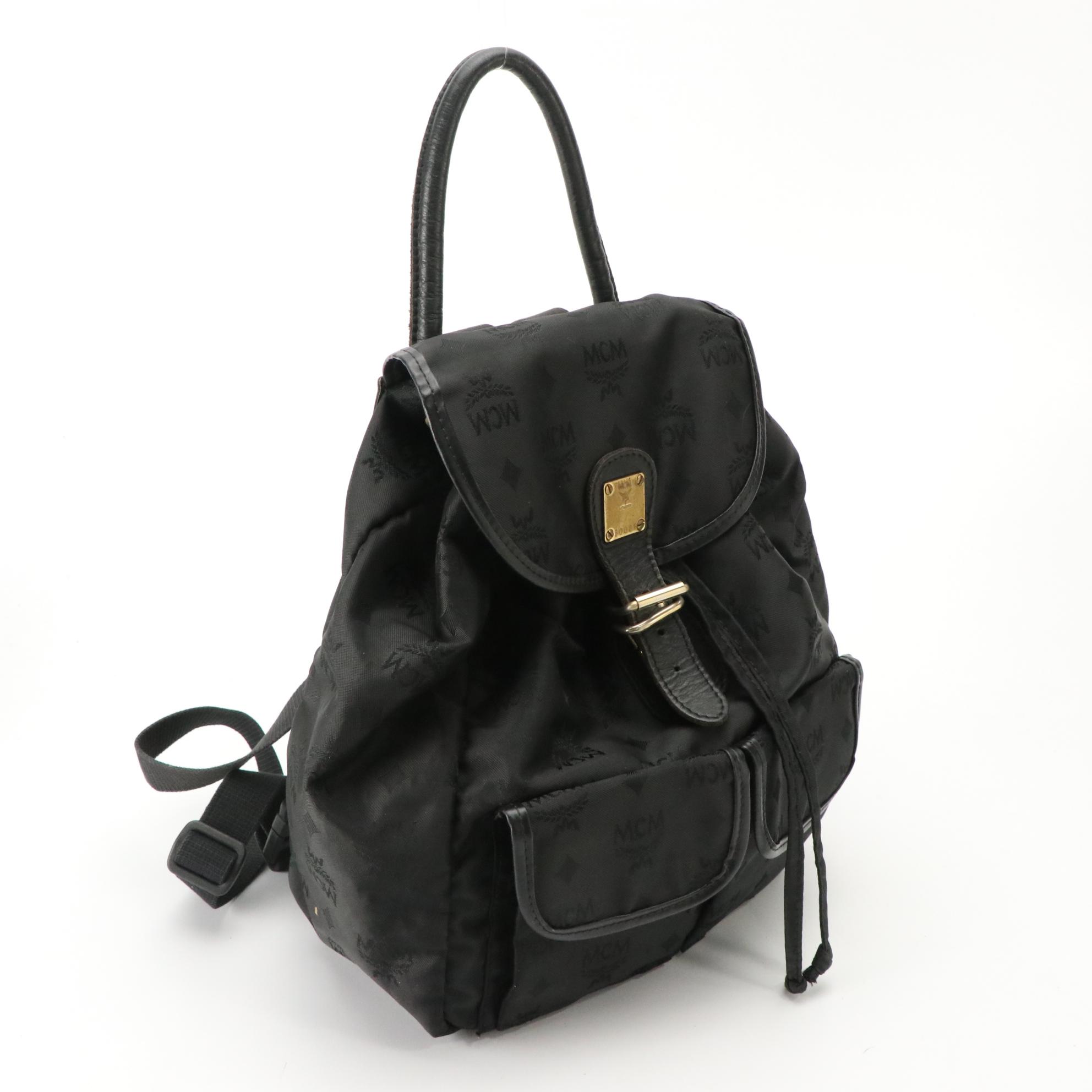 MCM Small Backpack in Black Monogram Nylon Jacquard and Leather Trim