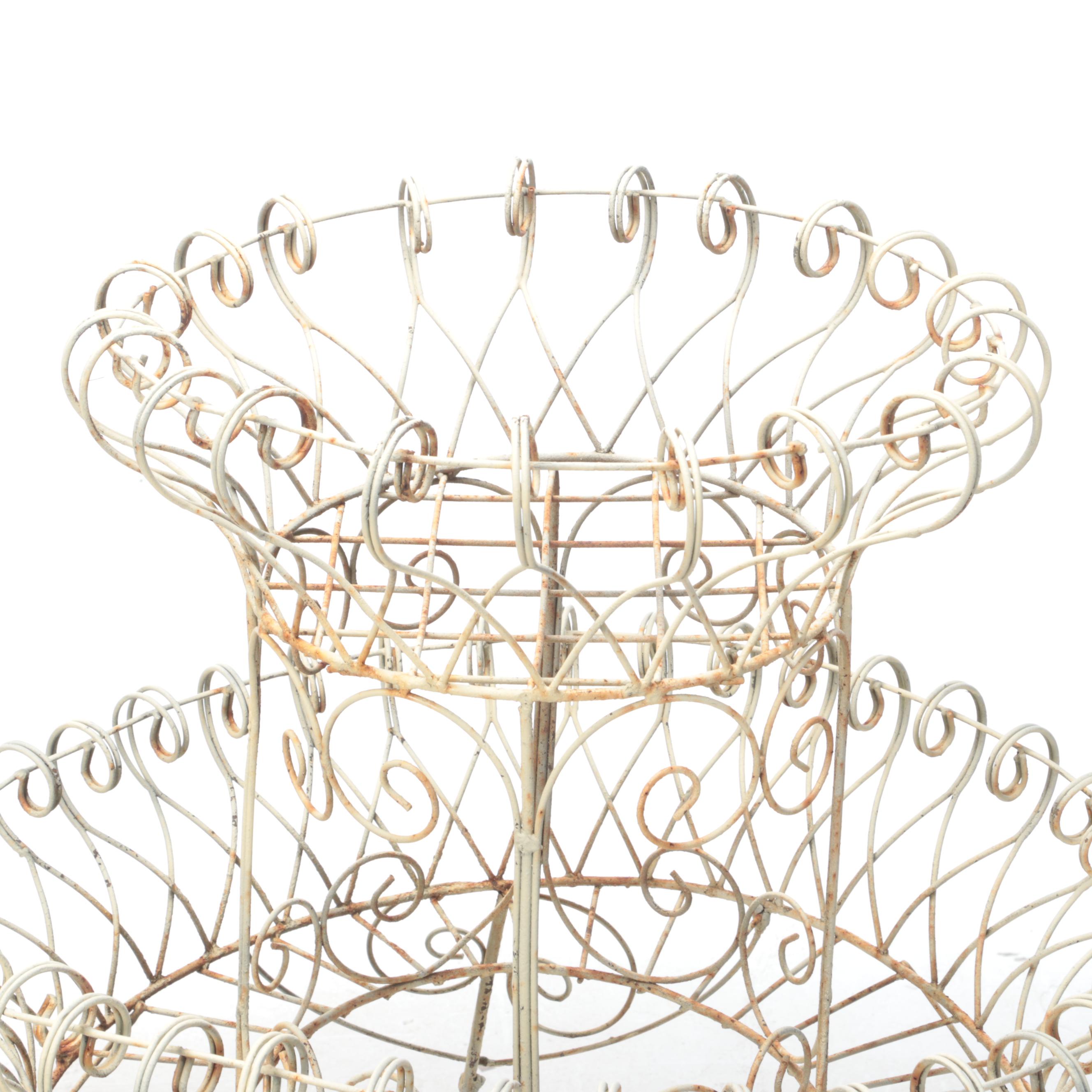 French Wire Two-Tiered Planter with Painted Wood Decorative Post