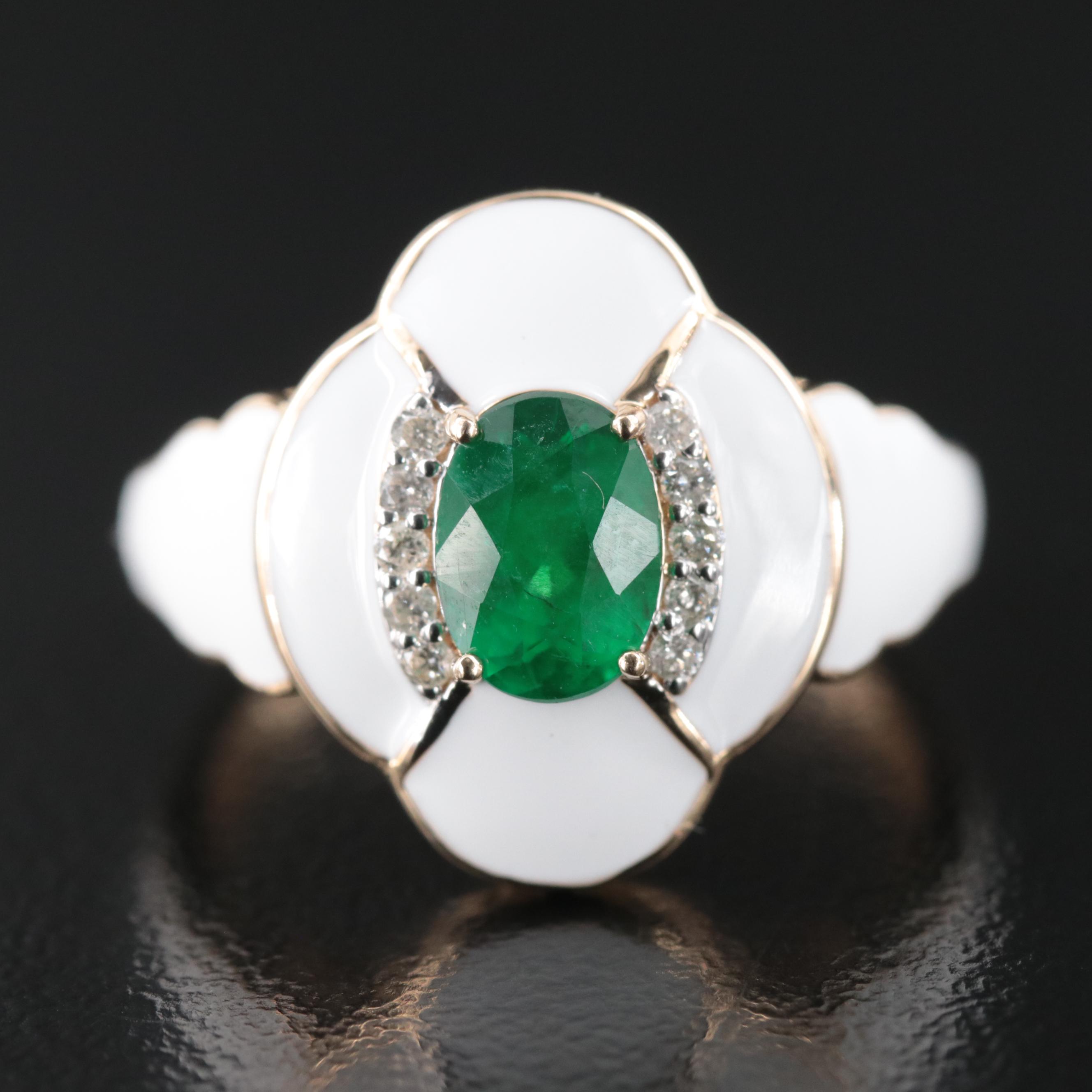Oscar Friedman 14K Emerald, Diamond, and Enamel Ring