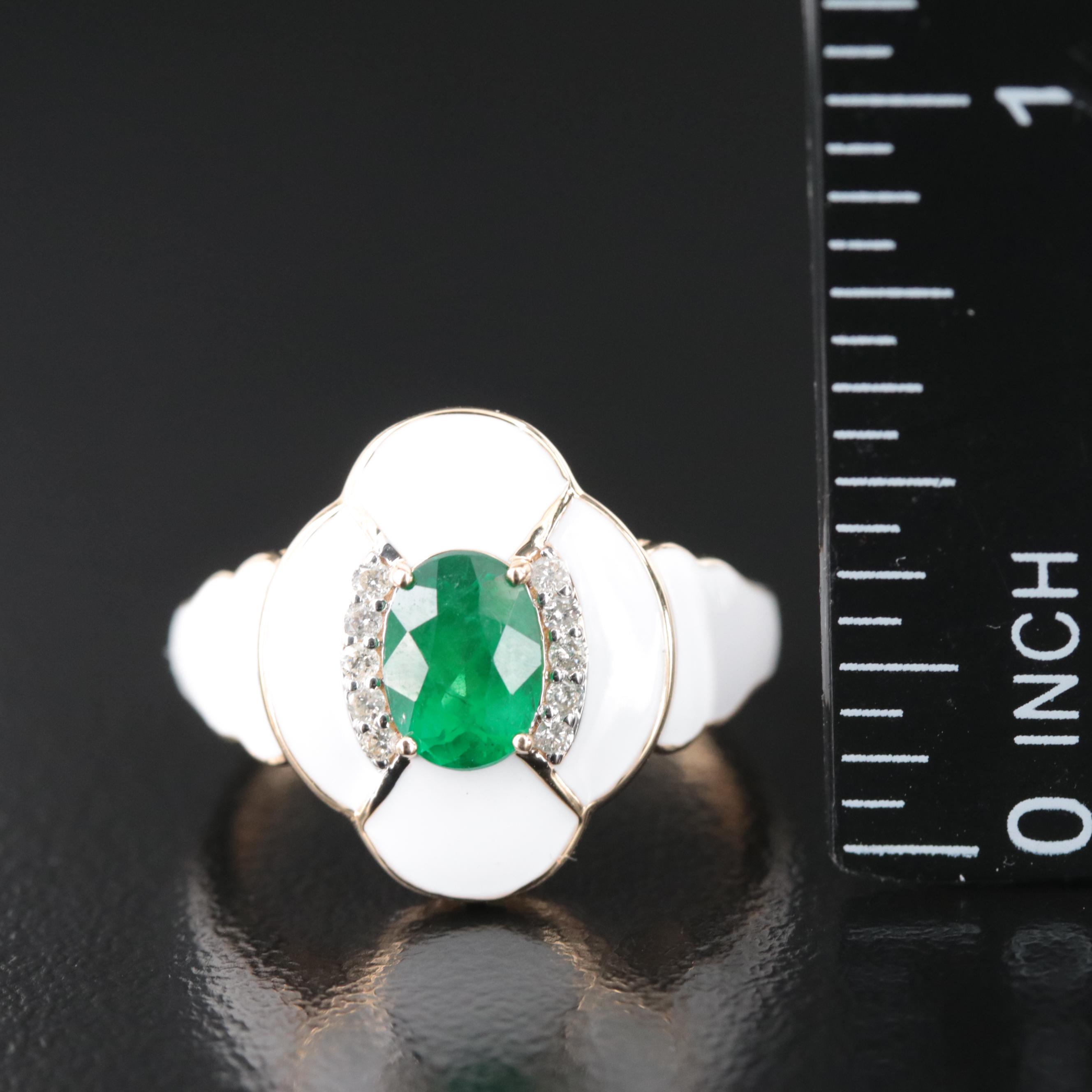Oscar Friedman 14K Emerald, Diamond, and Enamel Ring