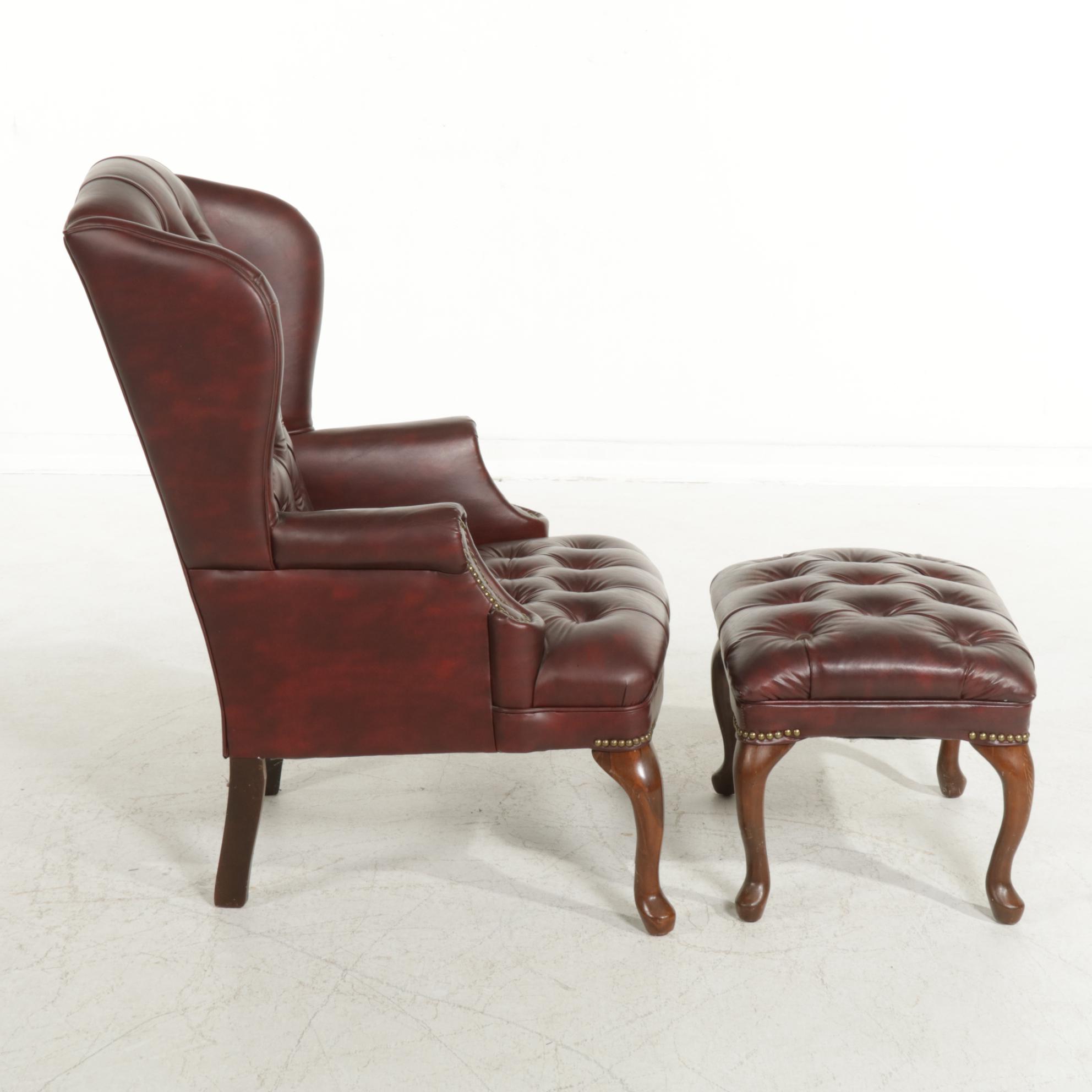 Queen Anne Style Button-Tufted Faux Leather Wingback Chair and Ottoman