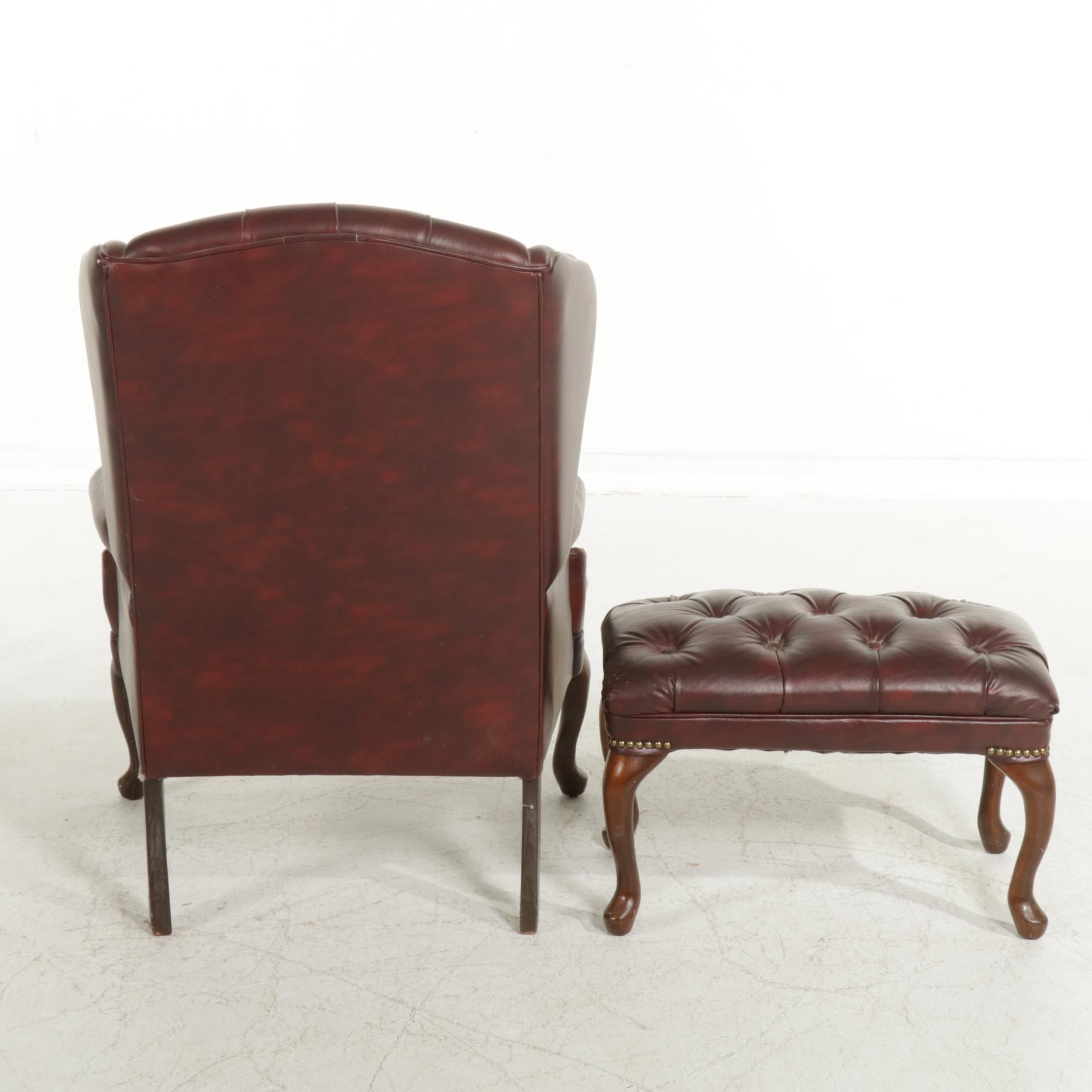 Queen Anne Style Button-Tufted Faux Leather Wingback Chair and Ottoman