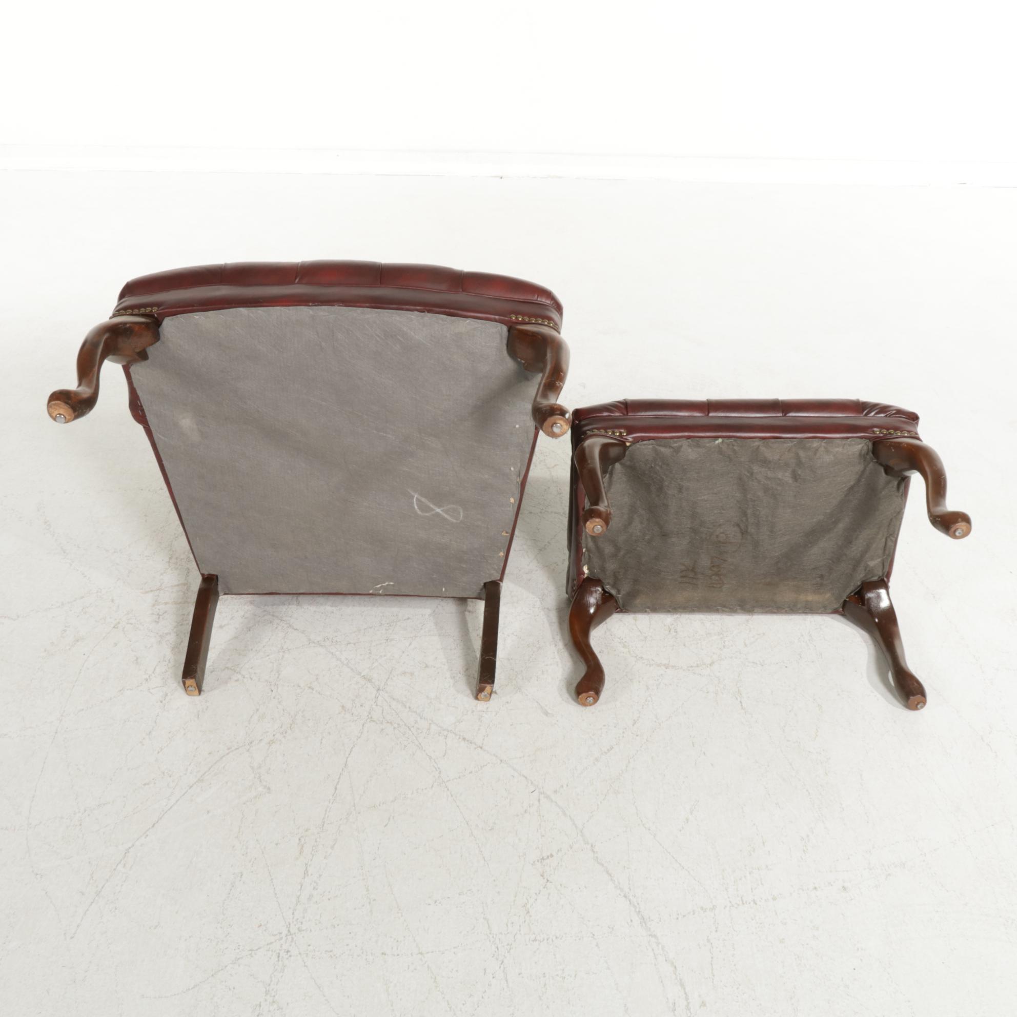 Queen Anne Style Button-Tufted Faux Leather Wingback Chair and Ottoman