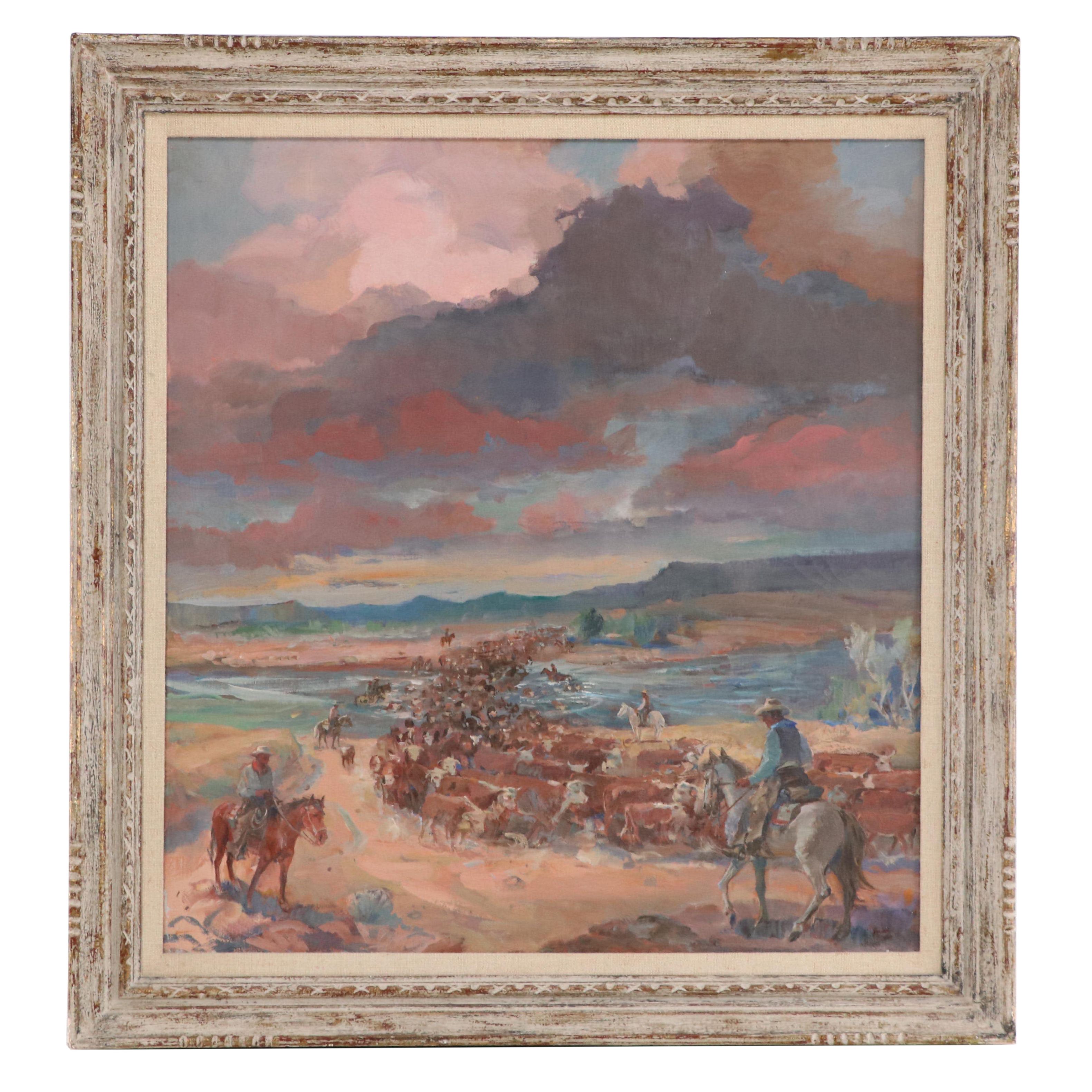 Joseph Melvin O'Malley Western Genre Oil Painting of Cattle Drive