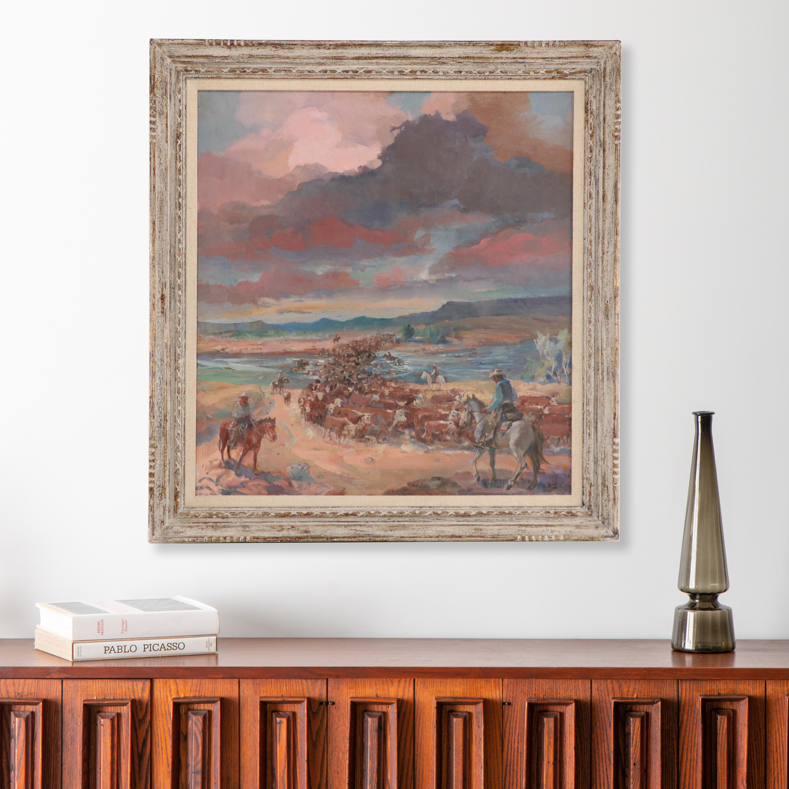 Joseph Melvin O'Malley Western Genre Oil Painting of Cattle Drive