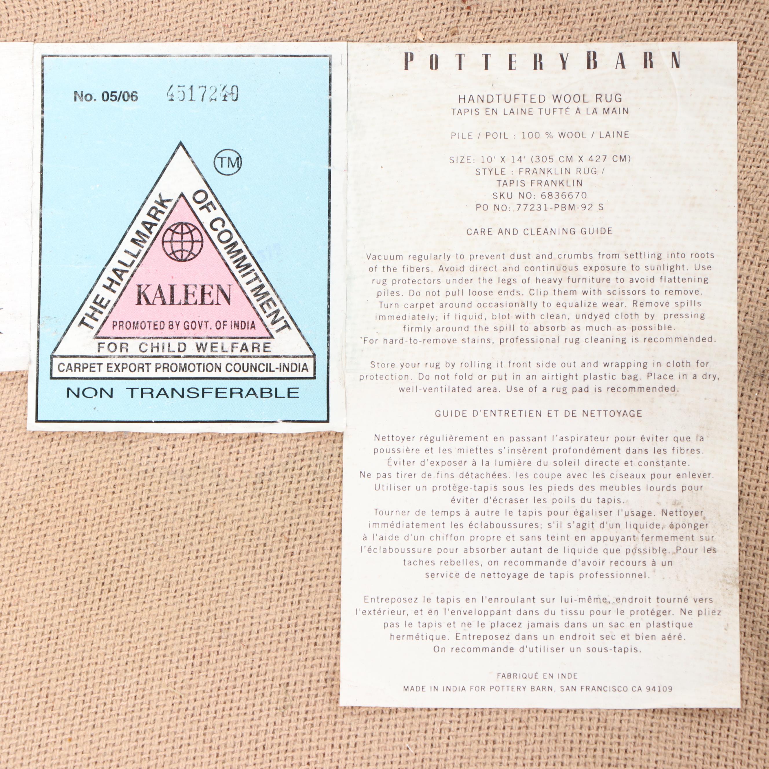 9'10 x 13'10 Hand-Tufted Pottery Barn Franklin Room Sized Rug