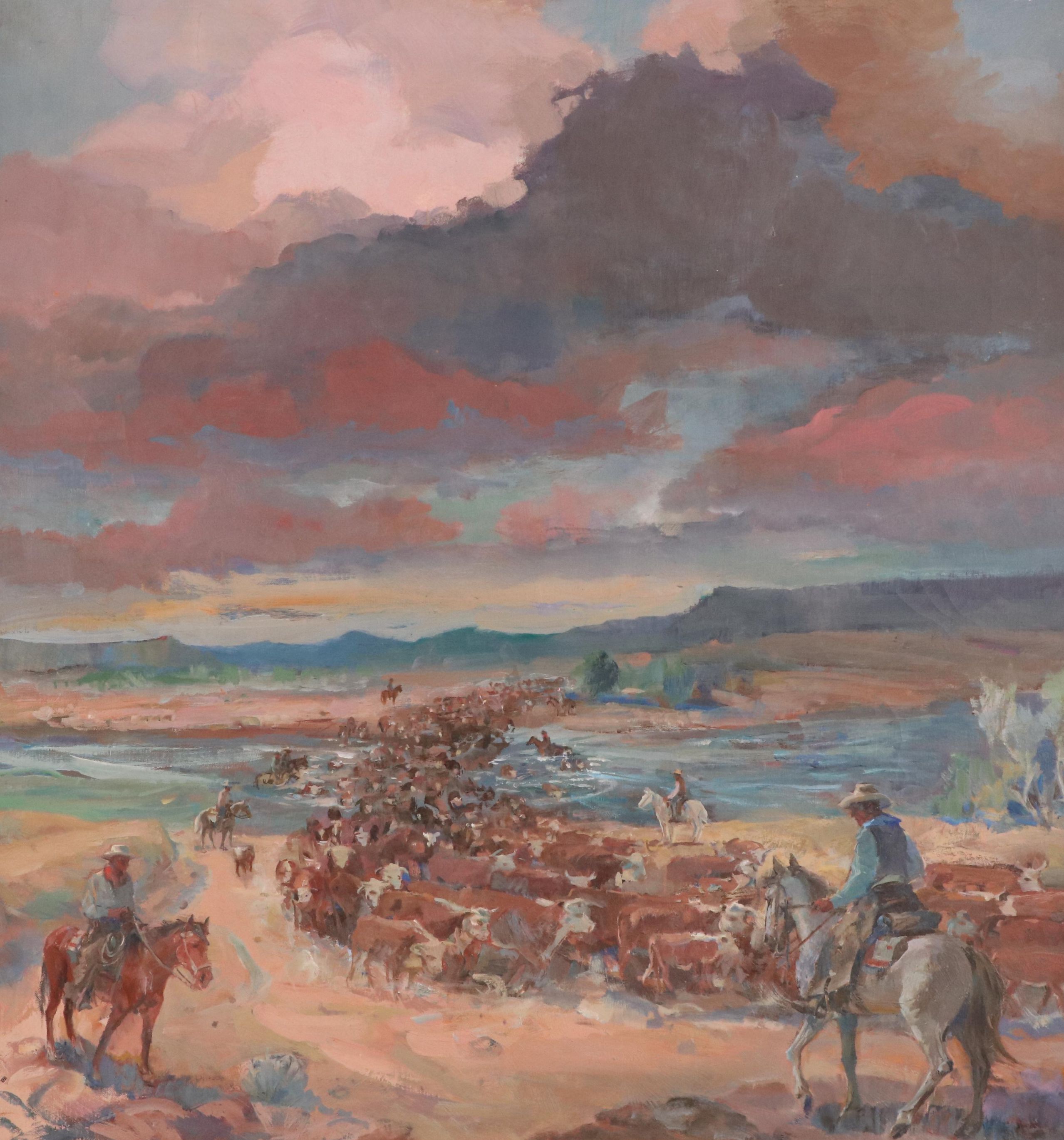 Joseph Melvin O'Malley Western Genre Oil Painting of Cattle Drive