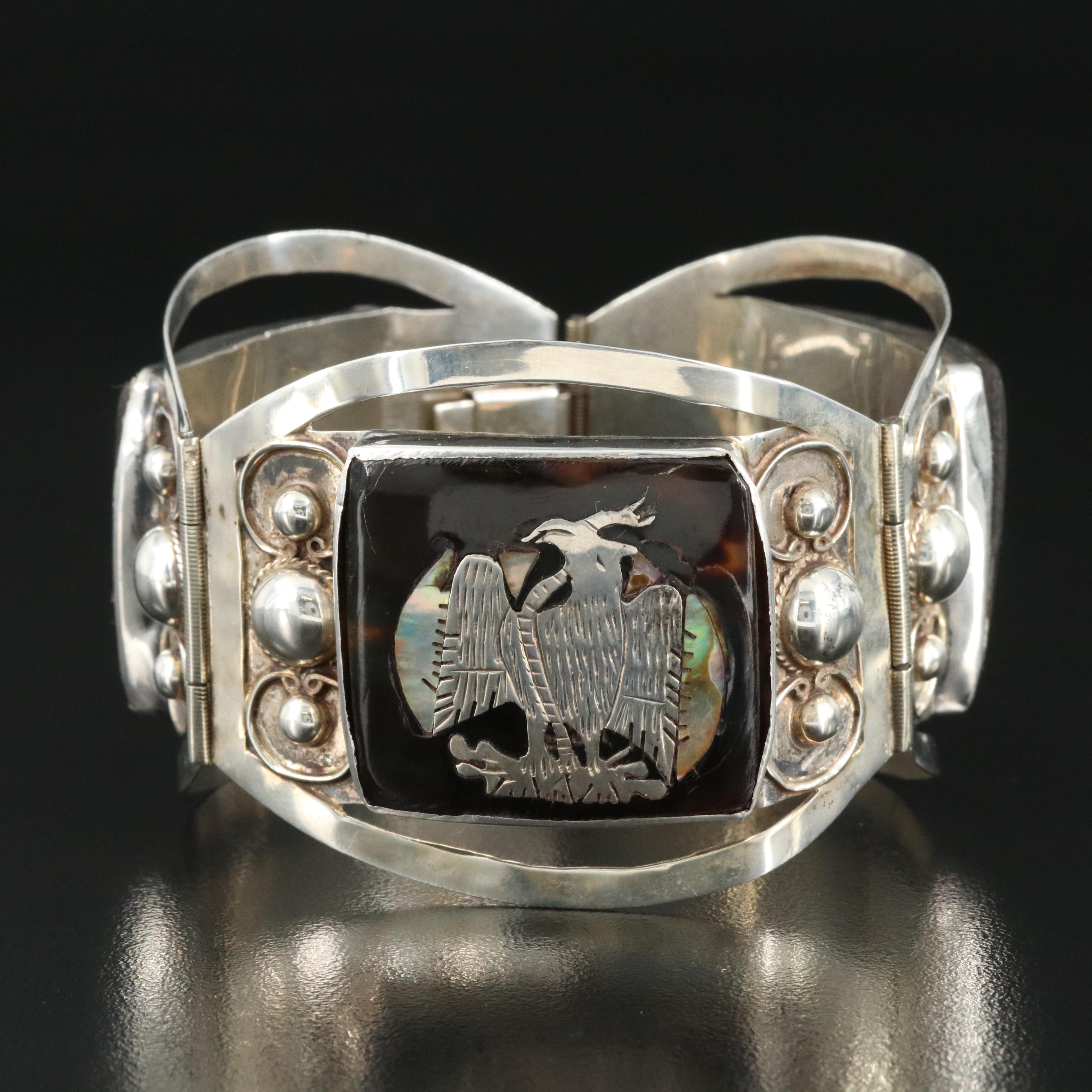 Mexican Sterling Abalone and Tortoise Shell Inlay Panel Bracelet