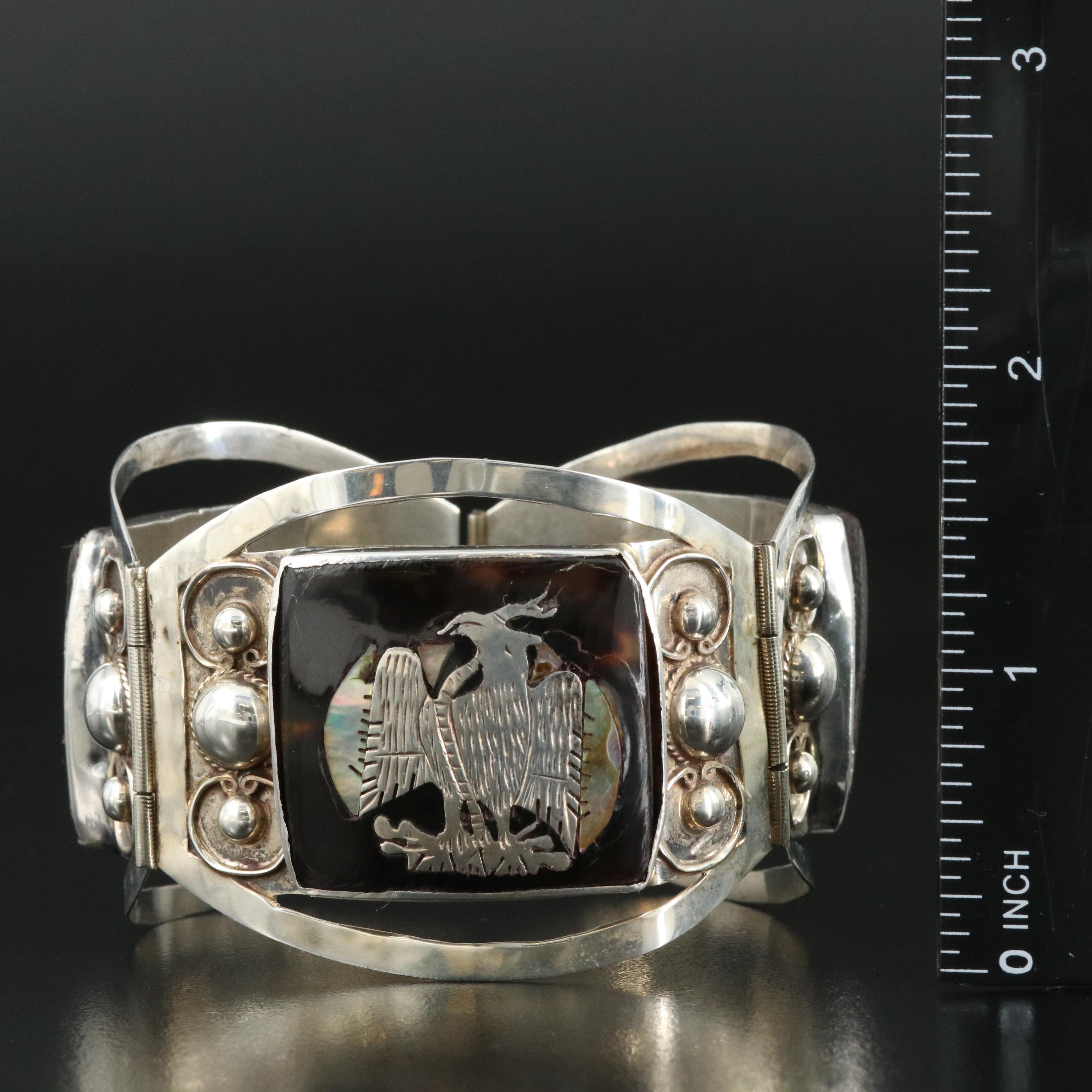 Mexican Sterling Abalone and Tortoise Shell Inlay Panel Bracelet
