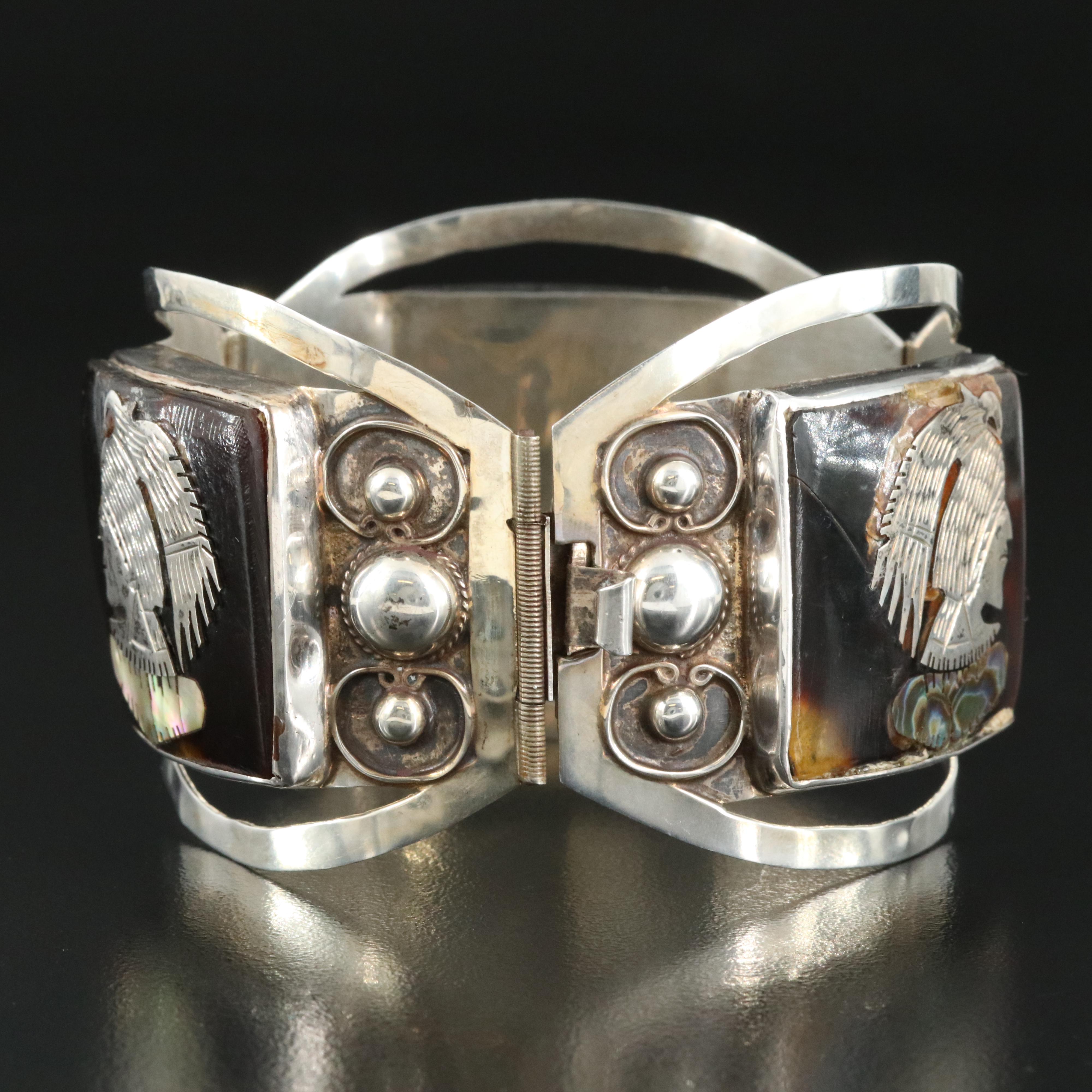 Mexican Sterling Abalone and Tortoise Shell Inlay Panel Bracelet