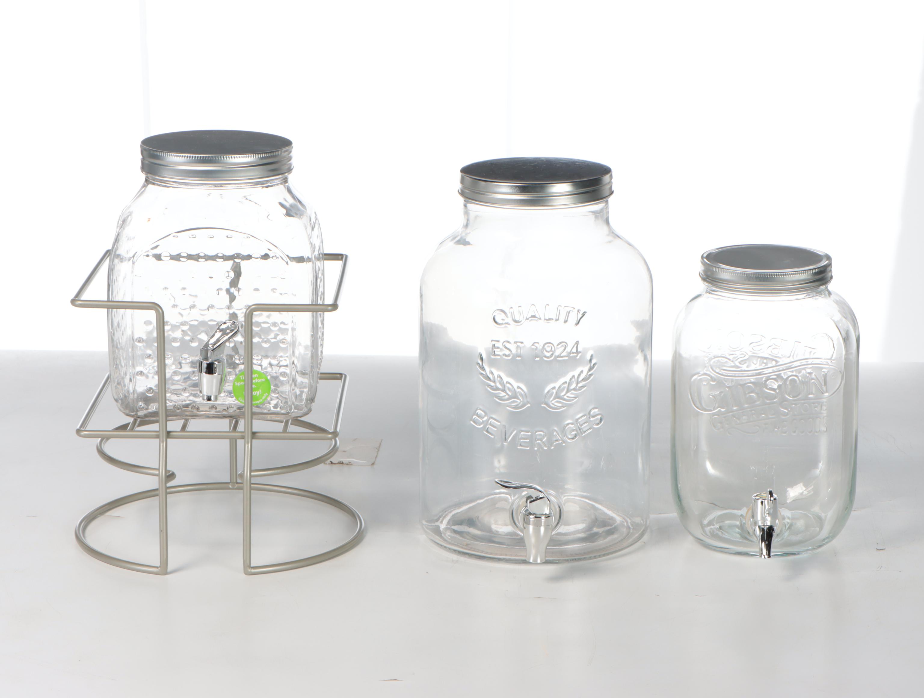 Gibson Glass Beverage Dispenser with Floral Motif Footed Metal Tray and