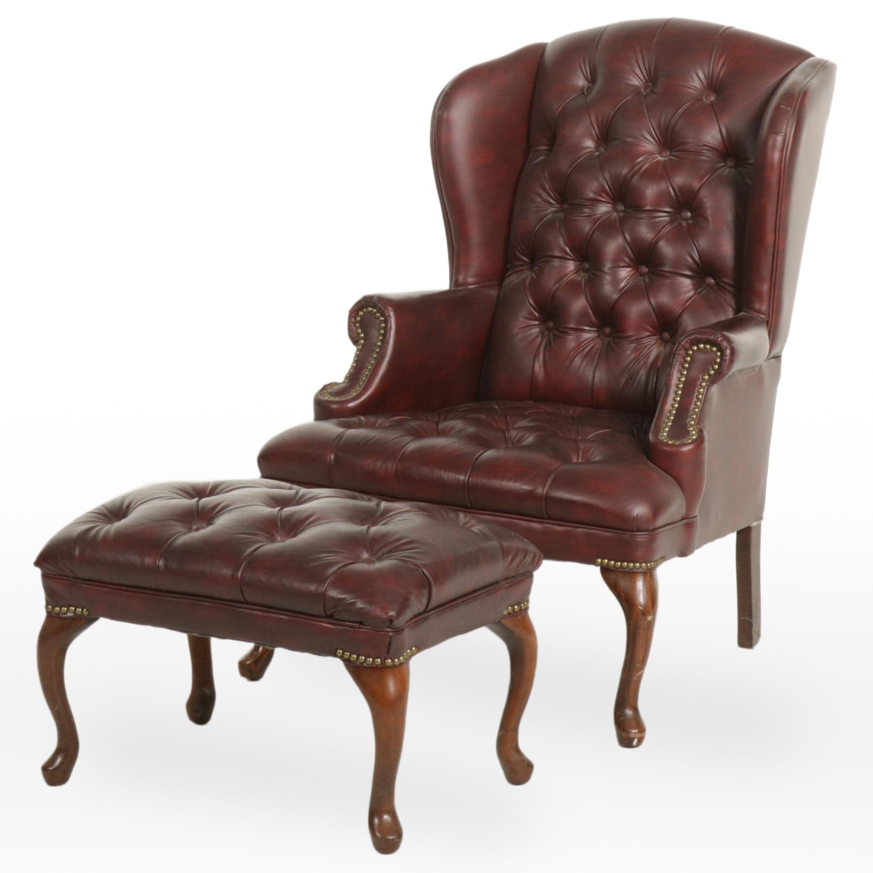 Queen Anne Style Button-Tufted Faux Leather Wingback Chair and Ottoman