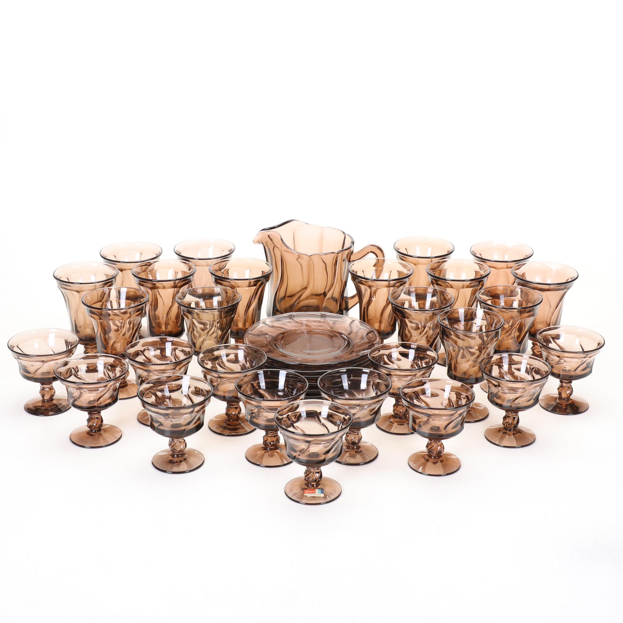 Fostoria "Jamestown Brown" Stemware, Pitcher and Dinneware, Set of 36, 1961-1982