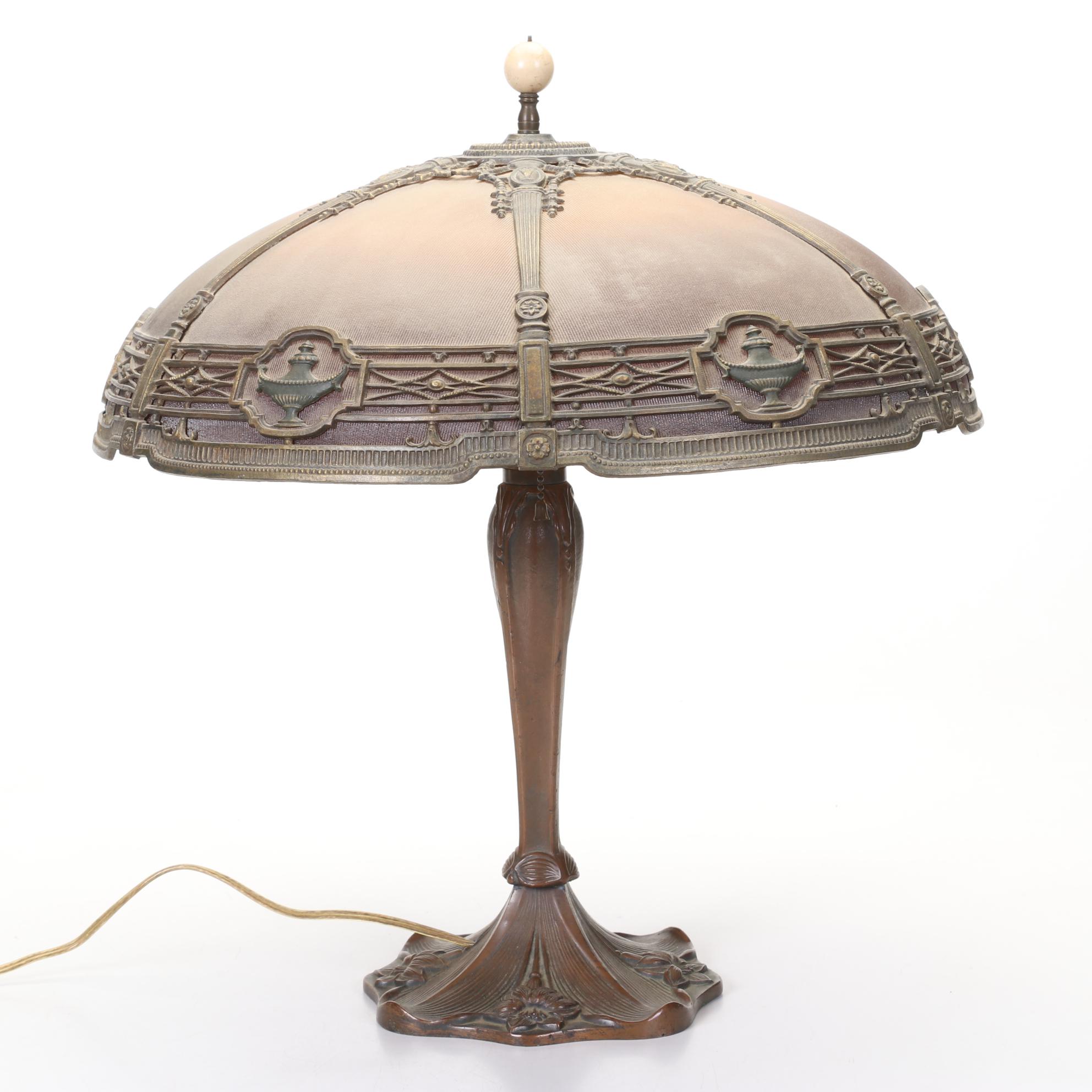 Antique Reverse-Painted Ribbed Glass Shade Married With Tiffany-Style Newer Lamp