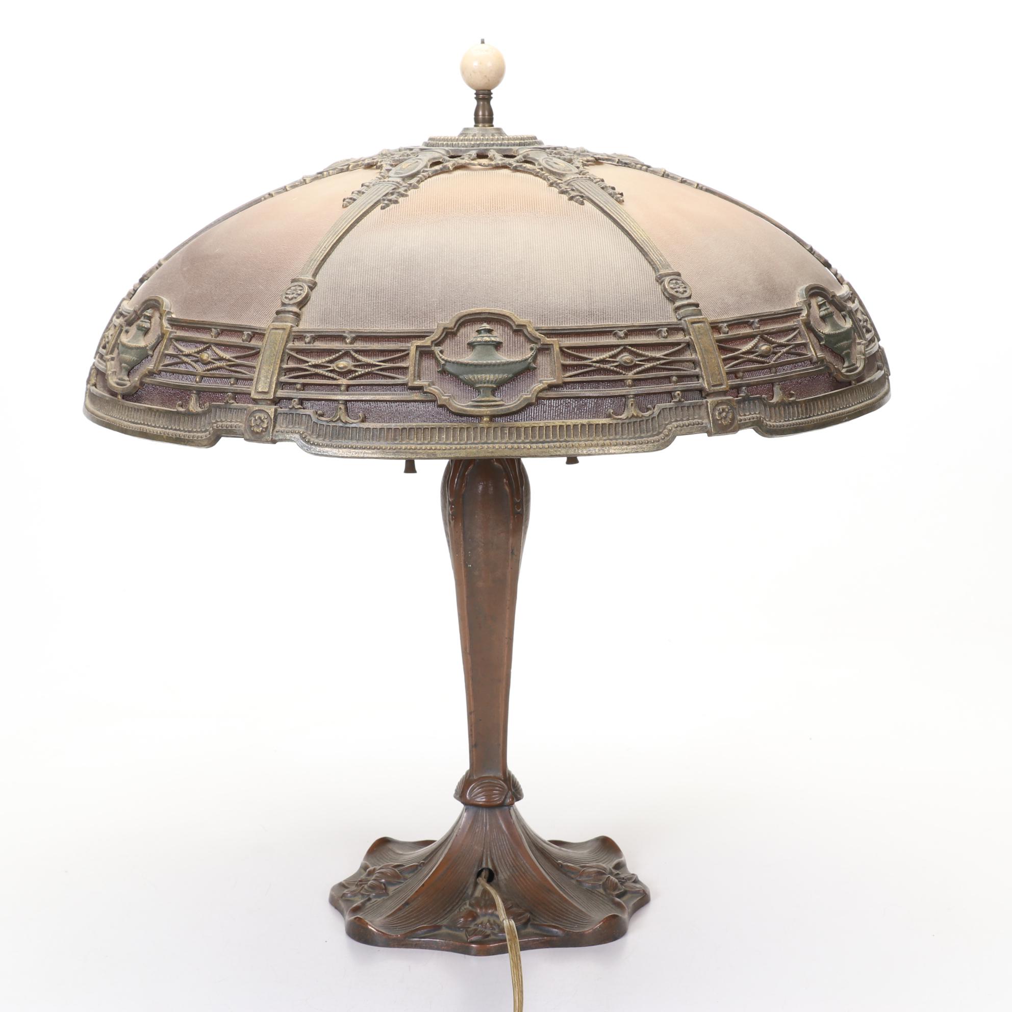 Antique Reverse-Painted Ribbed Glass Shade Married With Tiffany-Style Newer Lamp