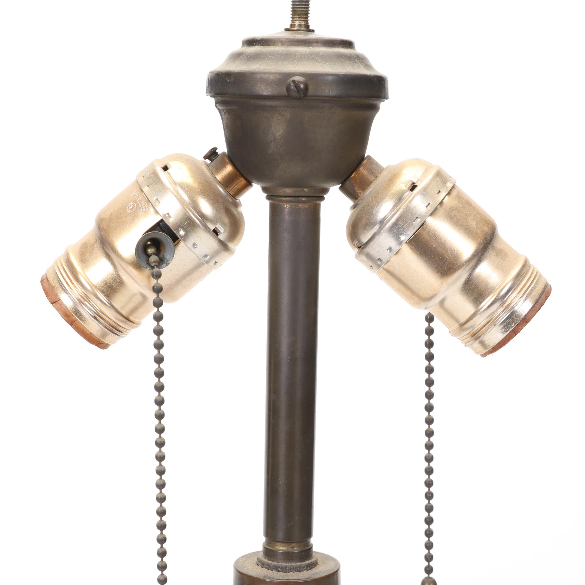 Antique Reverse-Painted Ribbed Glass Shade Married With Tiffany-Style Newer Lamp