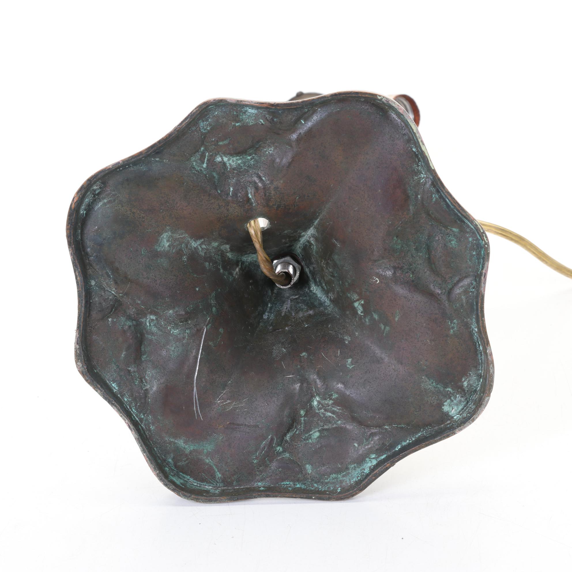 Antique Reverse-Painted Ribbed Glass Shade Married With Tiffany-Style Newer Lamp