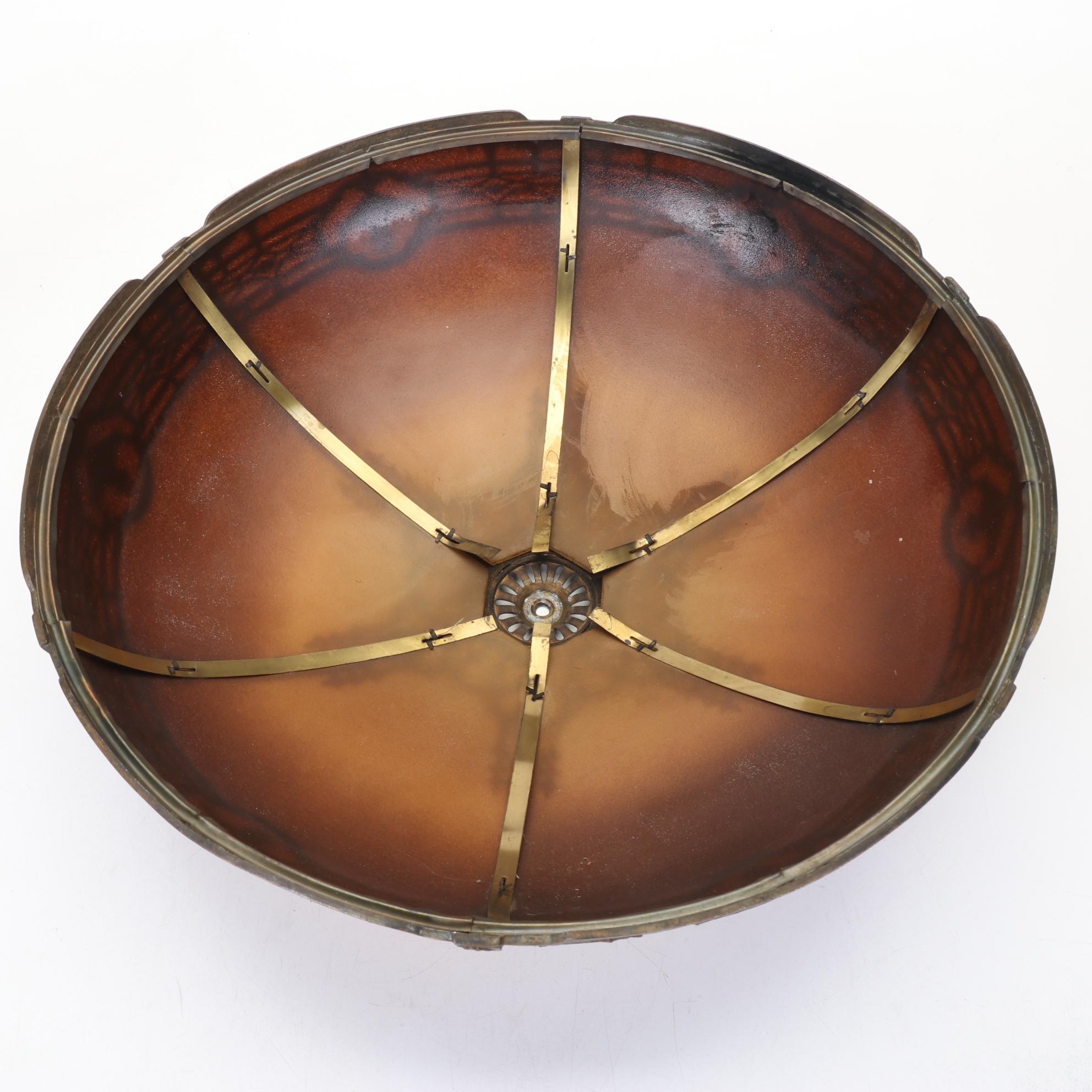 Antique Reverse-Painted Ribbed Glass Shade Married With Tiffany-Style Newer Lamp