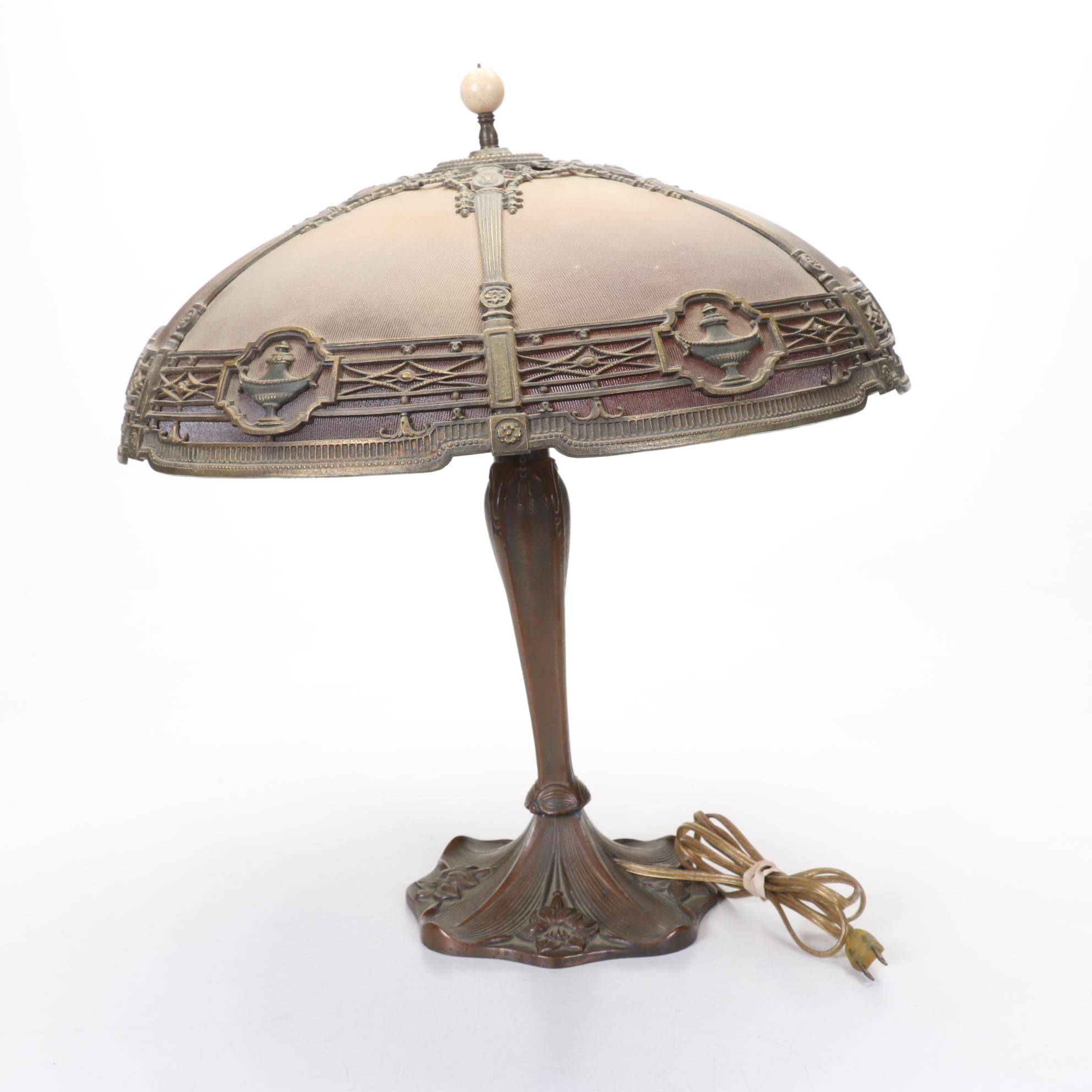 Antique Reverse-Painted Ribbed Glass Shade Married With Tiffany-Style Newer Lamp