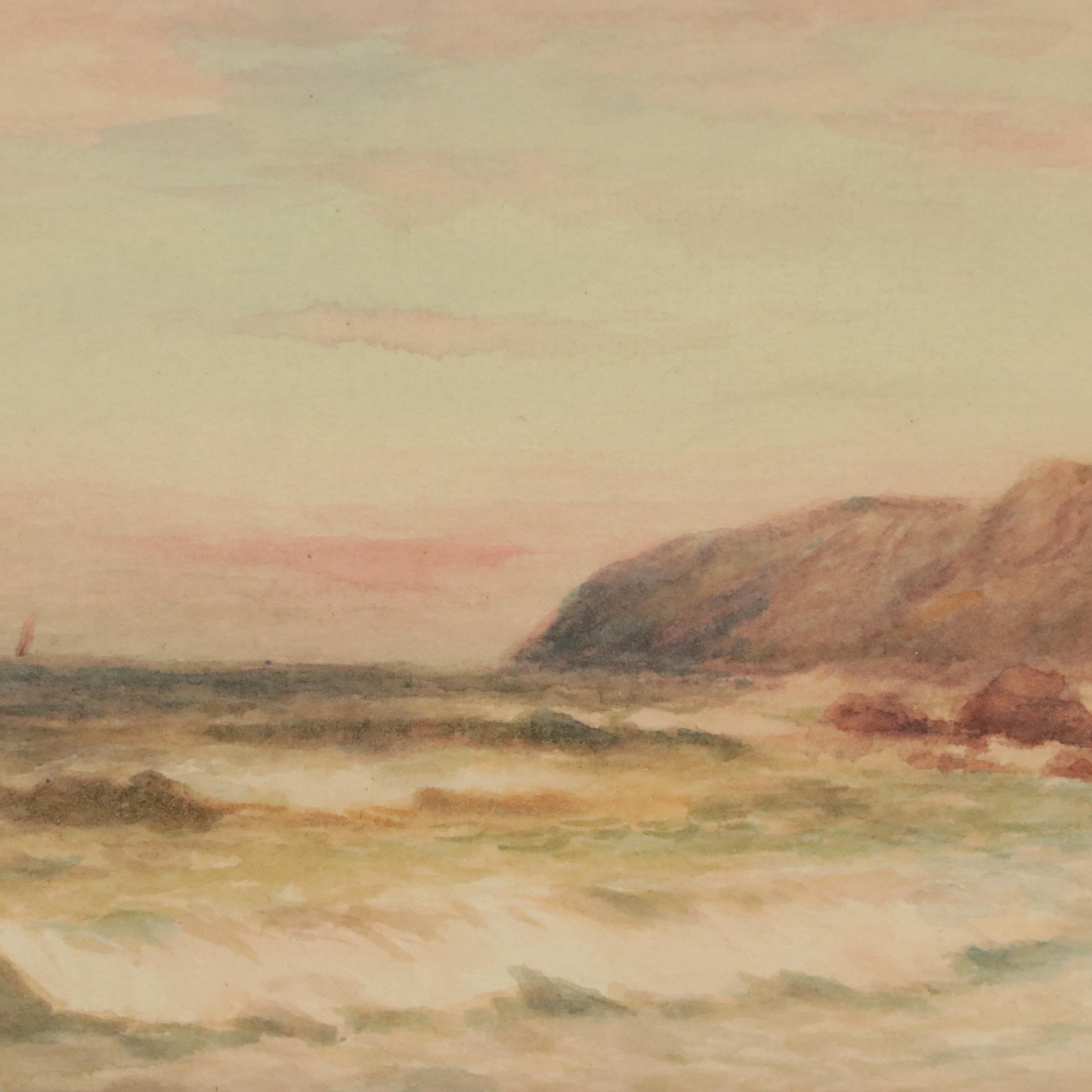 Watercolor Painting of a Coastal Landscape with Boat