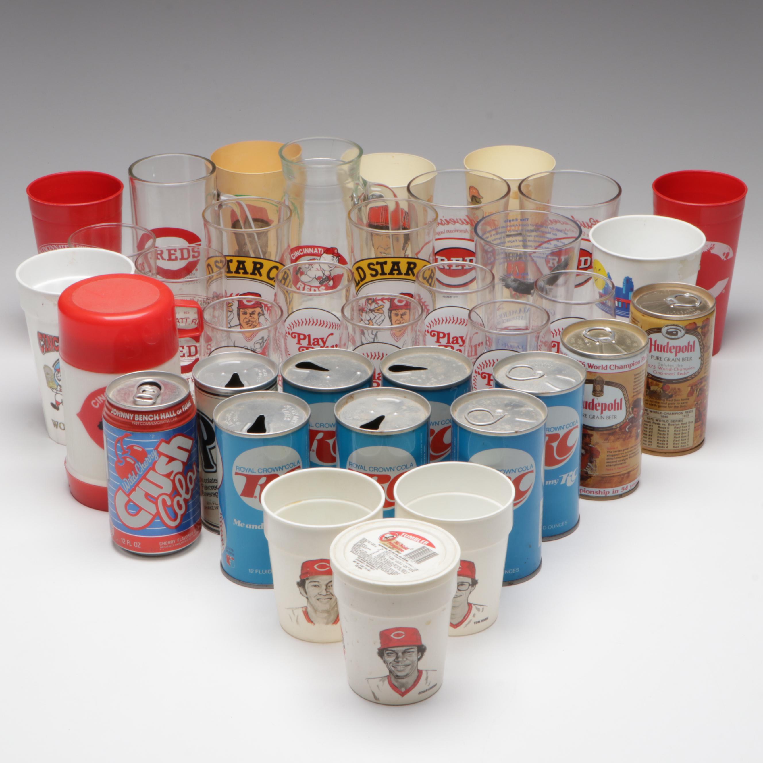 Cincinnati Reds RC Cola Cans with Cups, Glasses, and More, Late 20th Century