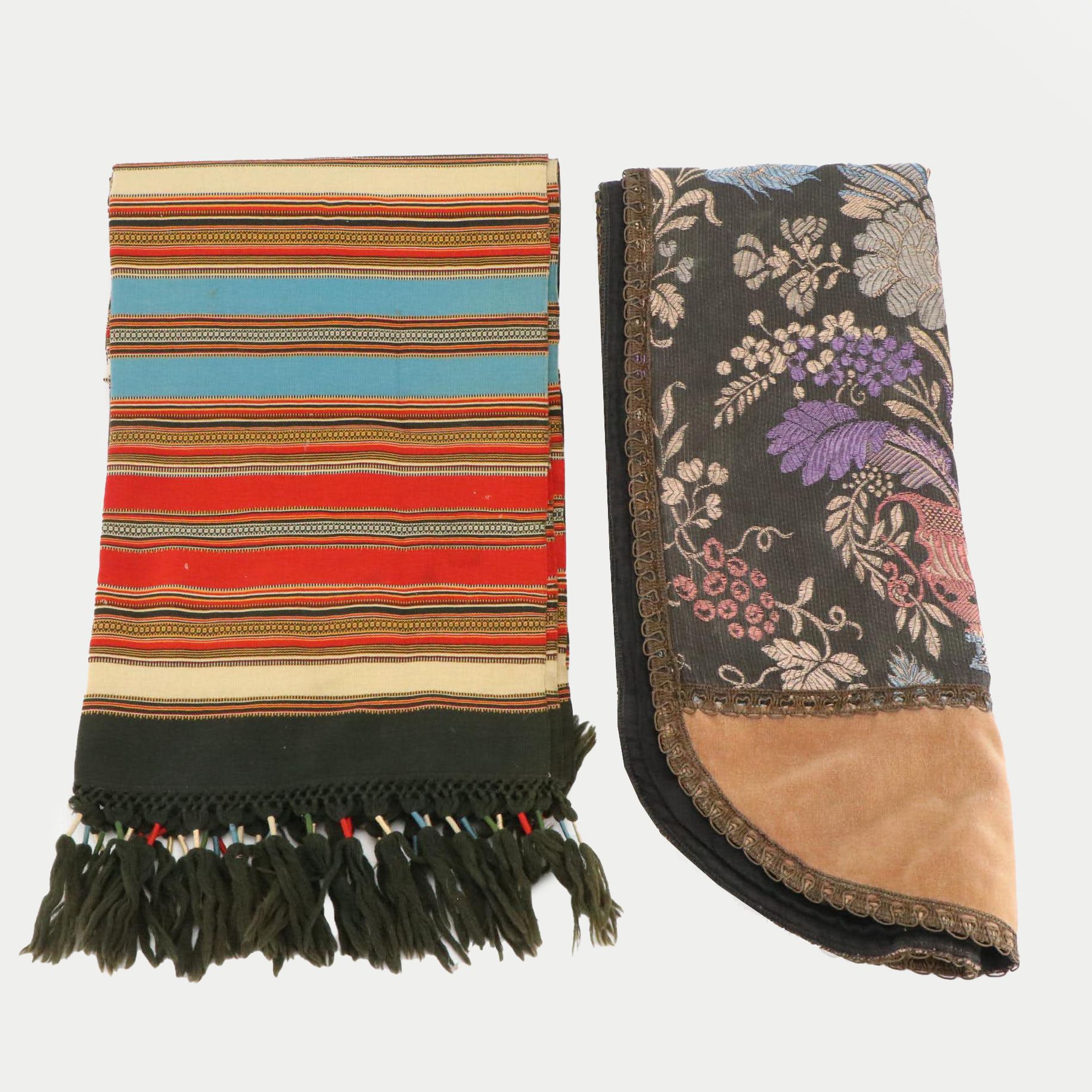 Tapestry Padded Table Runner With Central American Style Striped Woven Shawl