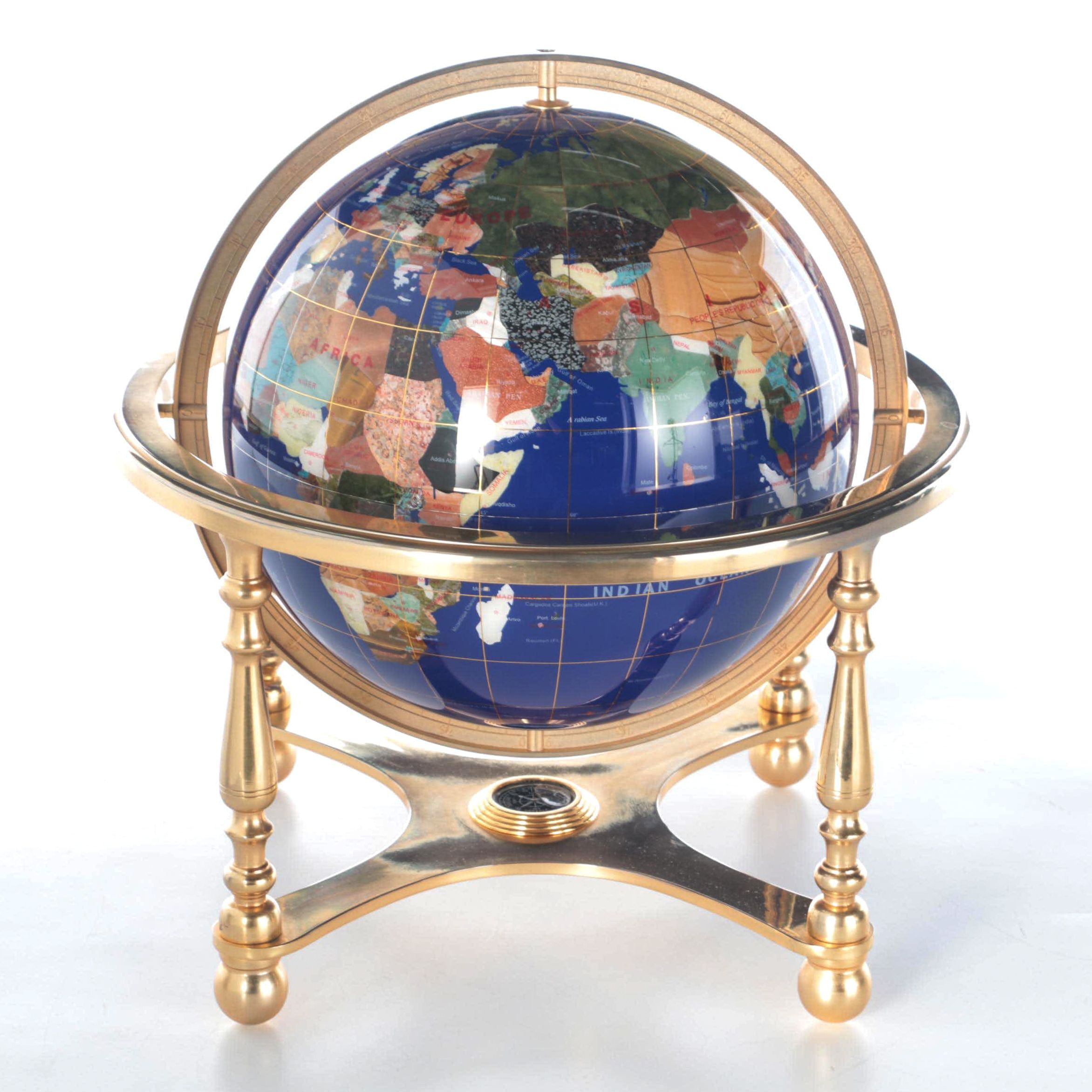 Gemstone Desk Globe and Compass on Stand