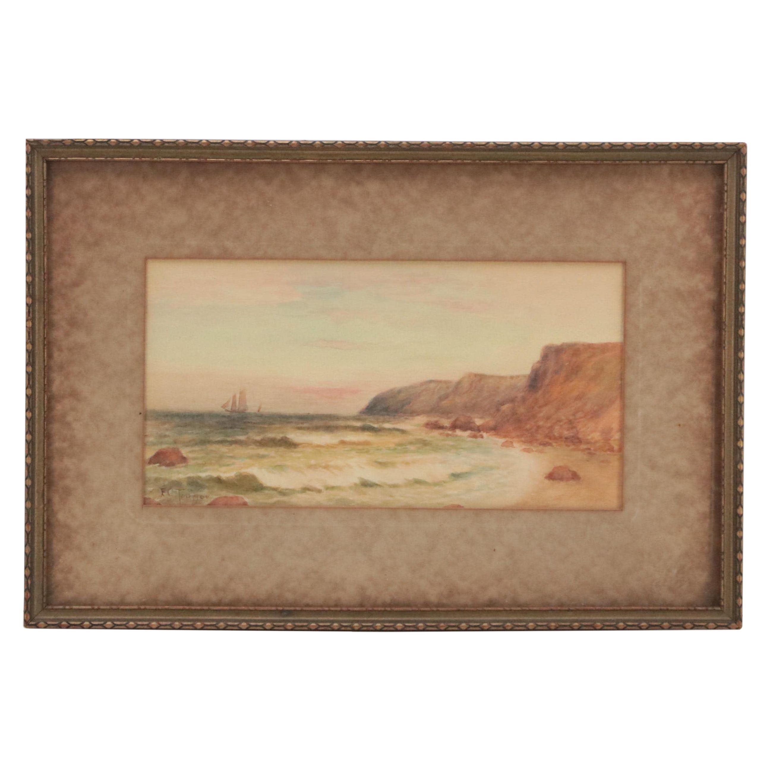 Watercolor Painting of a Coastal Landscape with Boat