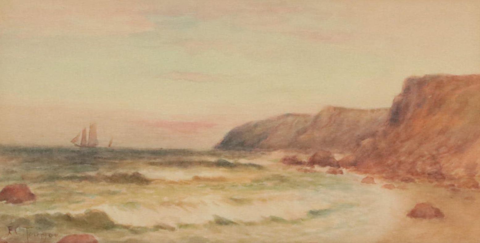 Watercolor Painting of a Coastal Landscape with Boat