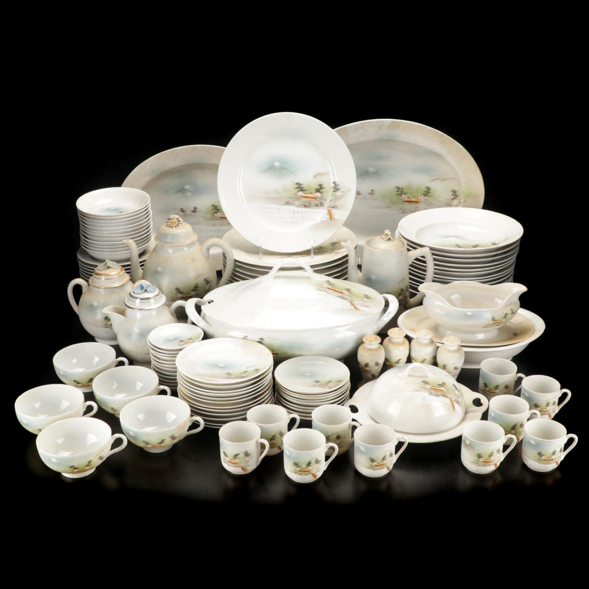 Kutani Dinnerware Features Rural Mt. Fuji Scene, 106 Pieces, Late 19th Century