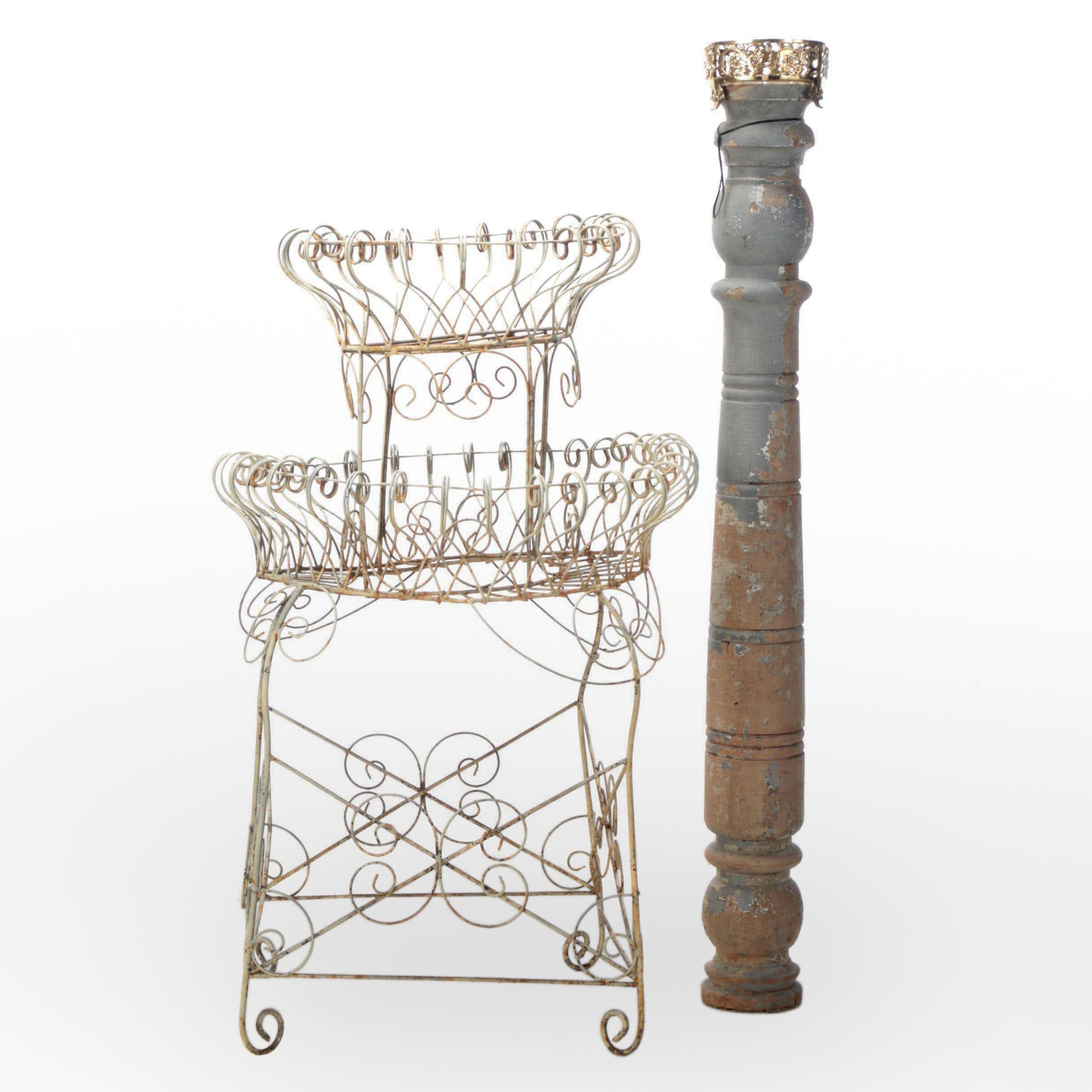 French Wire Two-Tiered Planter with Painted Wood Decorative Post