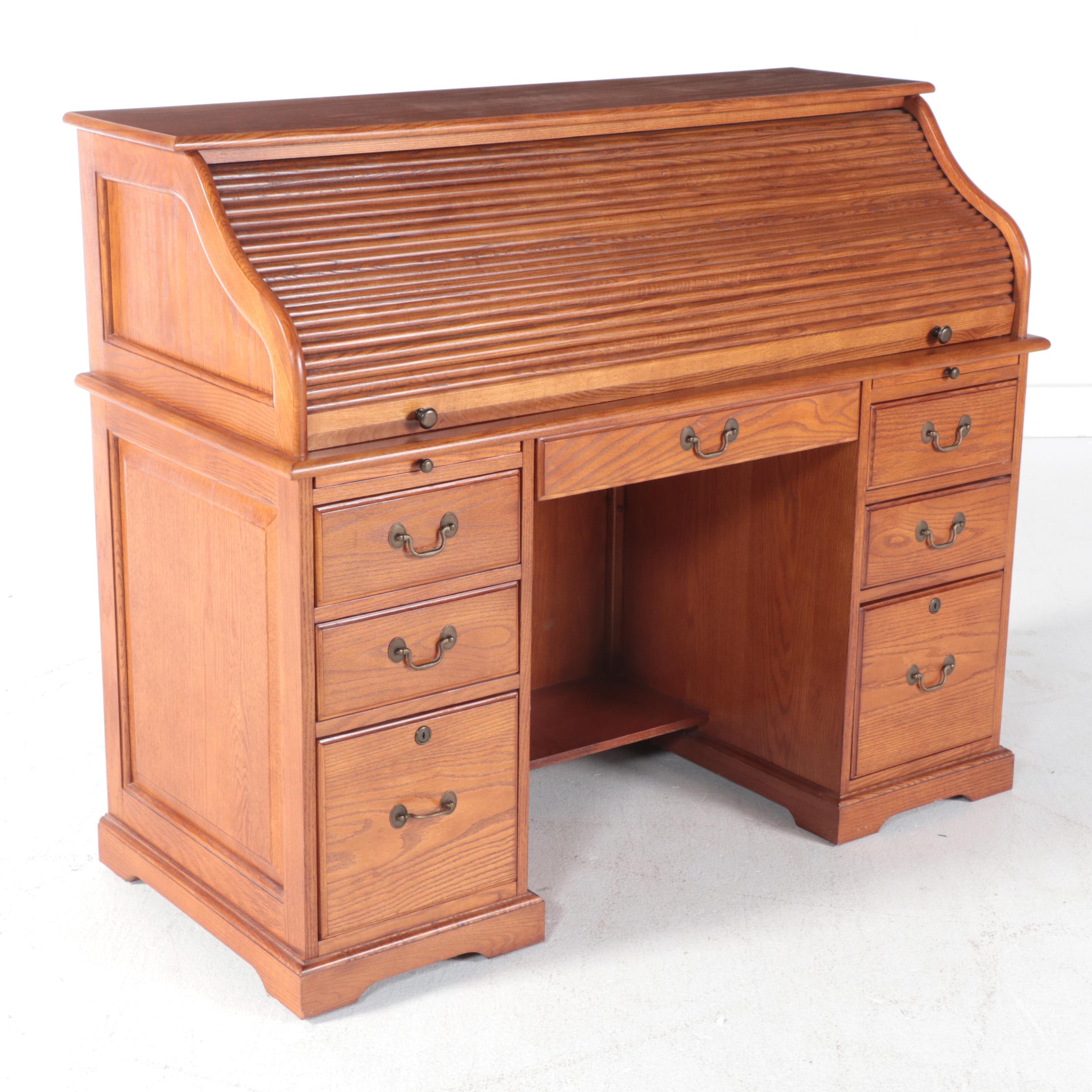 Riverside Furniture "Meridian" Oak Roll-Top Desk Plus Colonial Style Side Chair