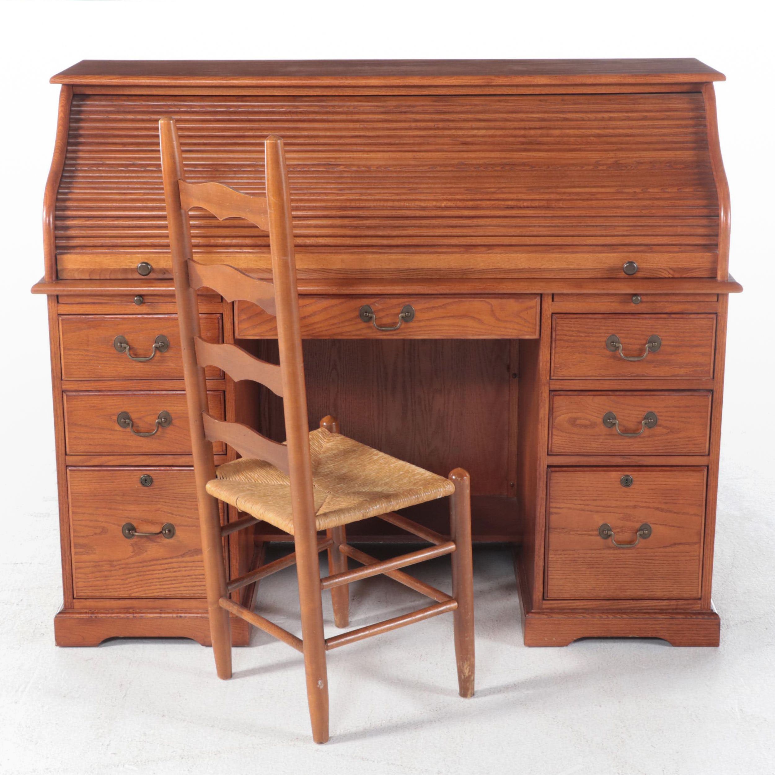 Riverside Furniture "Meridian" Oak Roll-Top Desk Plus Colonial Style Side Chair