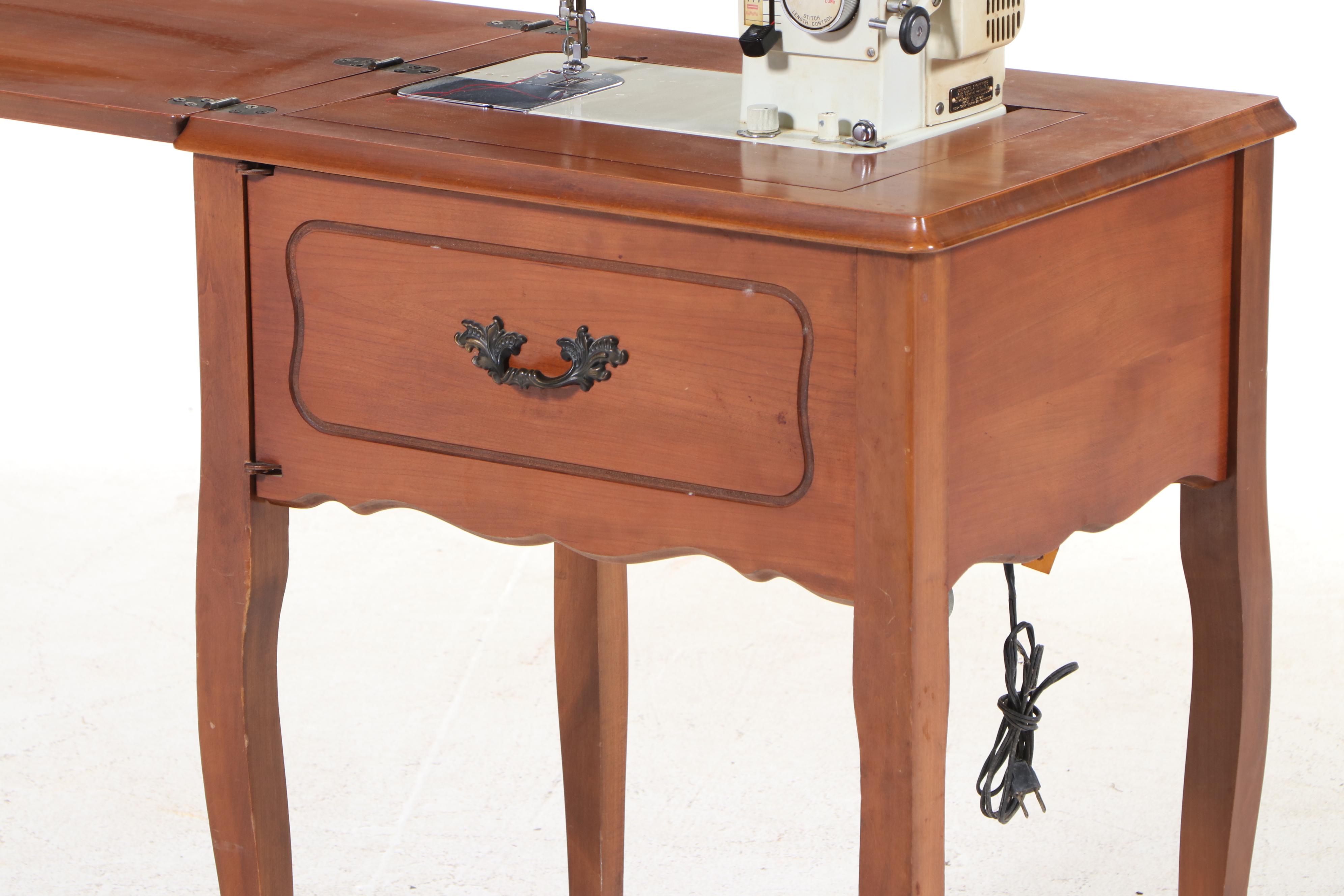 White Model 578 Sewing Machine with Wood Cabinet, Mid-20th Century