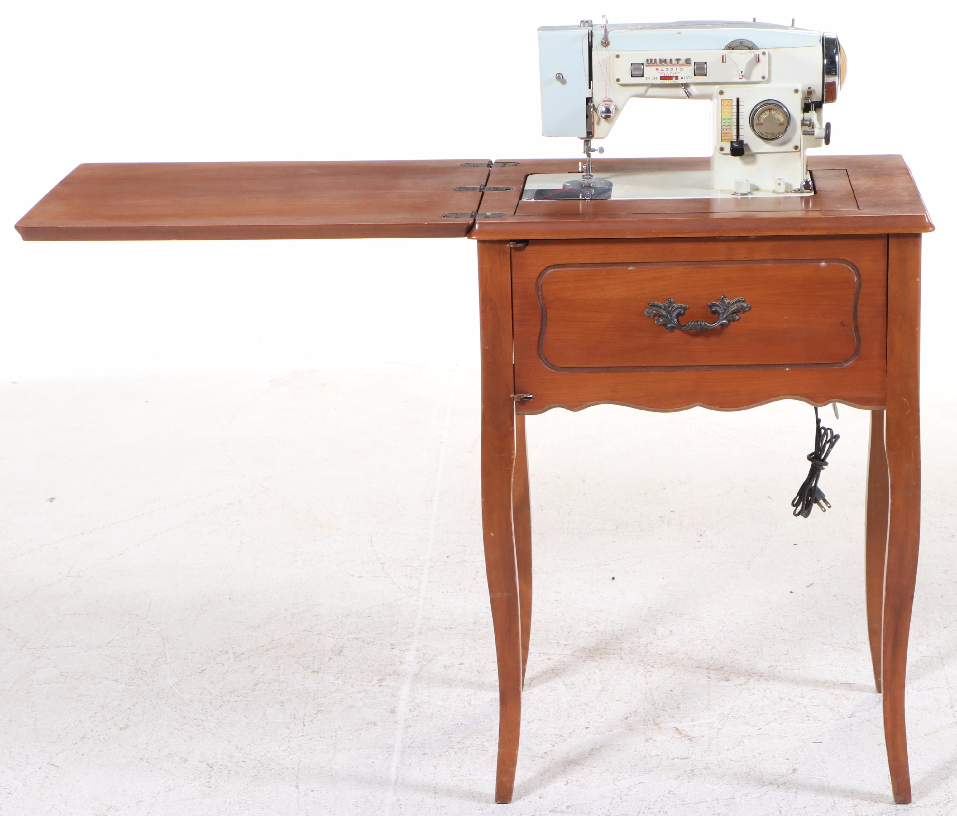 White Model 578 Sewing Machine with Wood Cabinet, Mid-20th Century