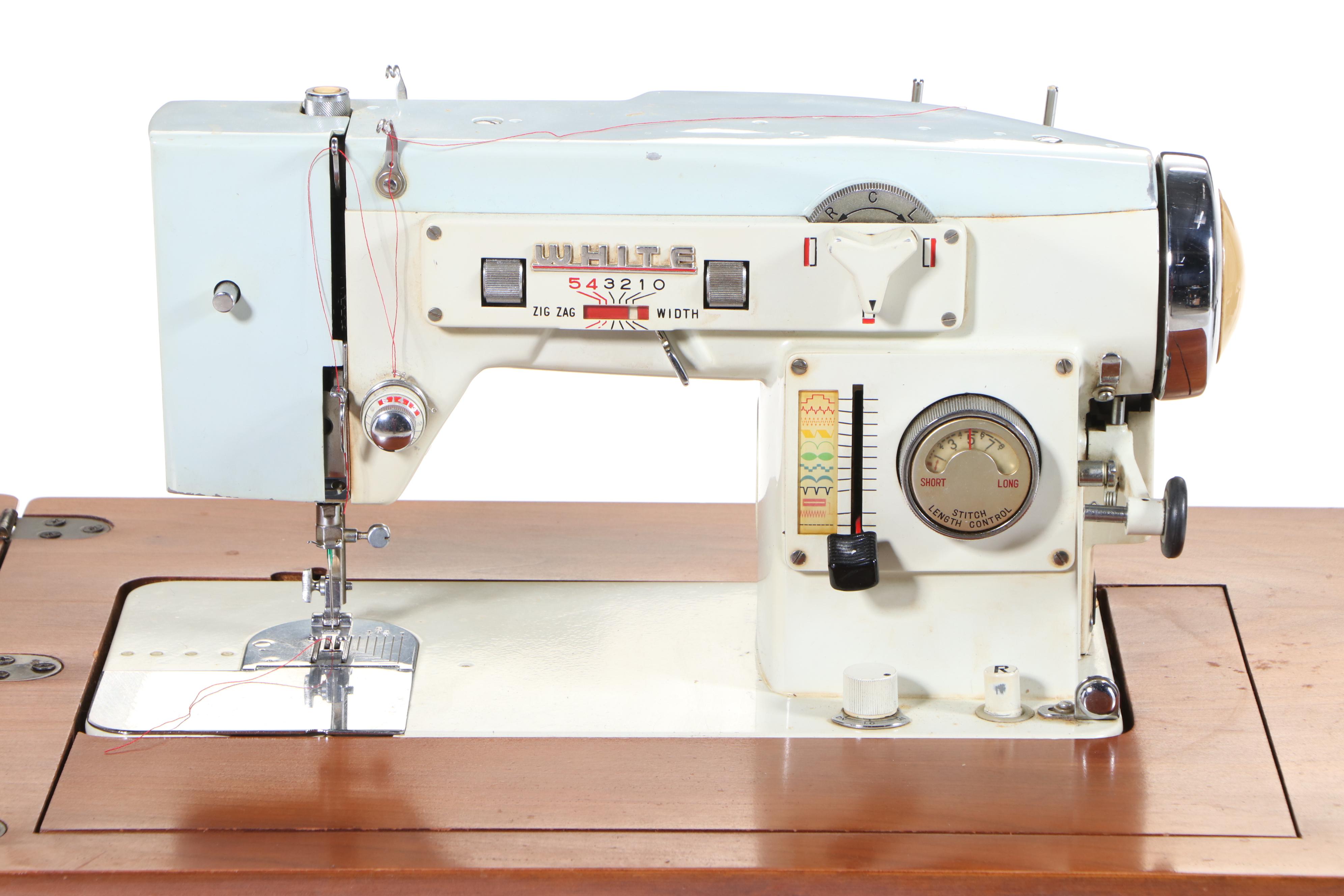 White Model 578 Sewing Machine with Wood Cabinet, Mid-20th Century