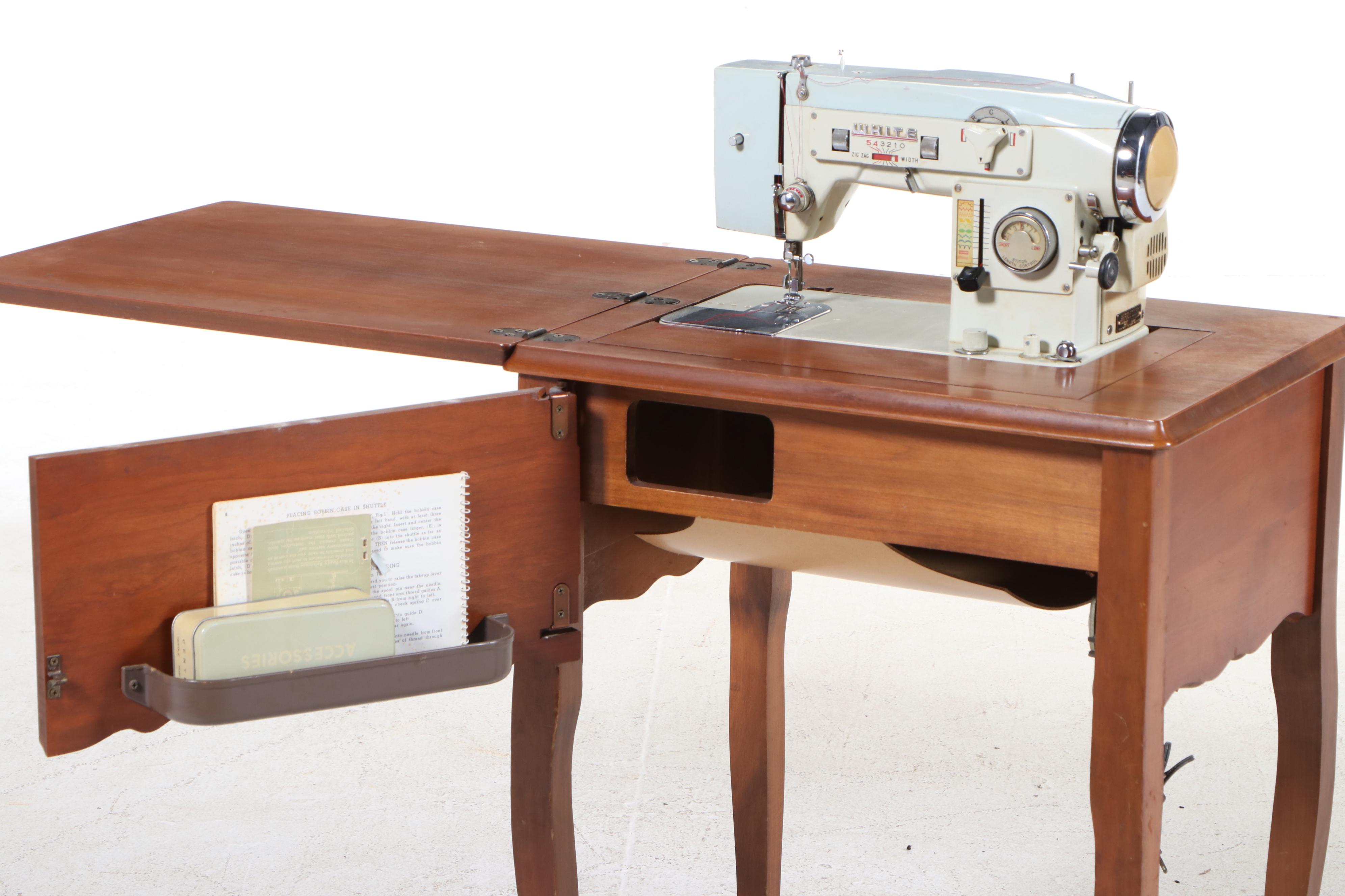 White Model 578 Sewing Machine with Wood Cabinet, Mid-20th Century