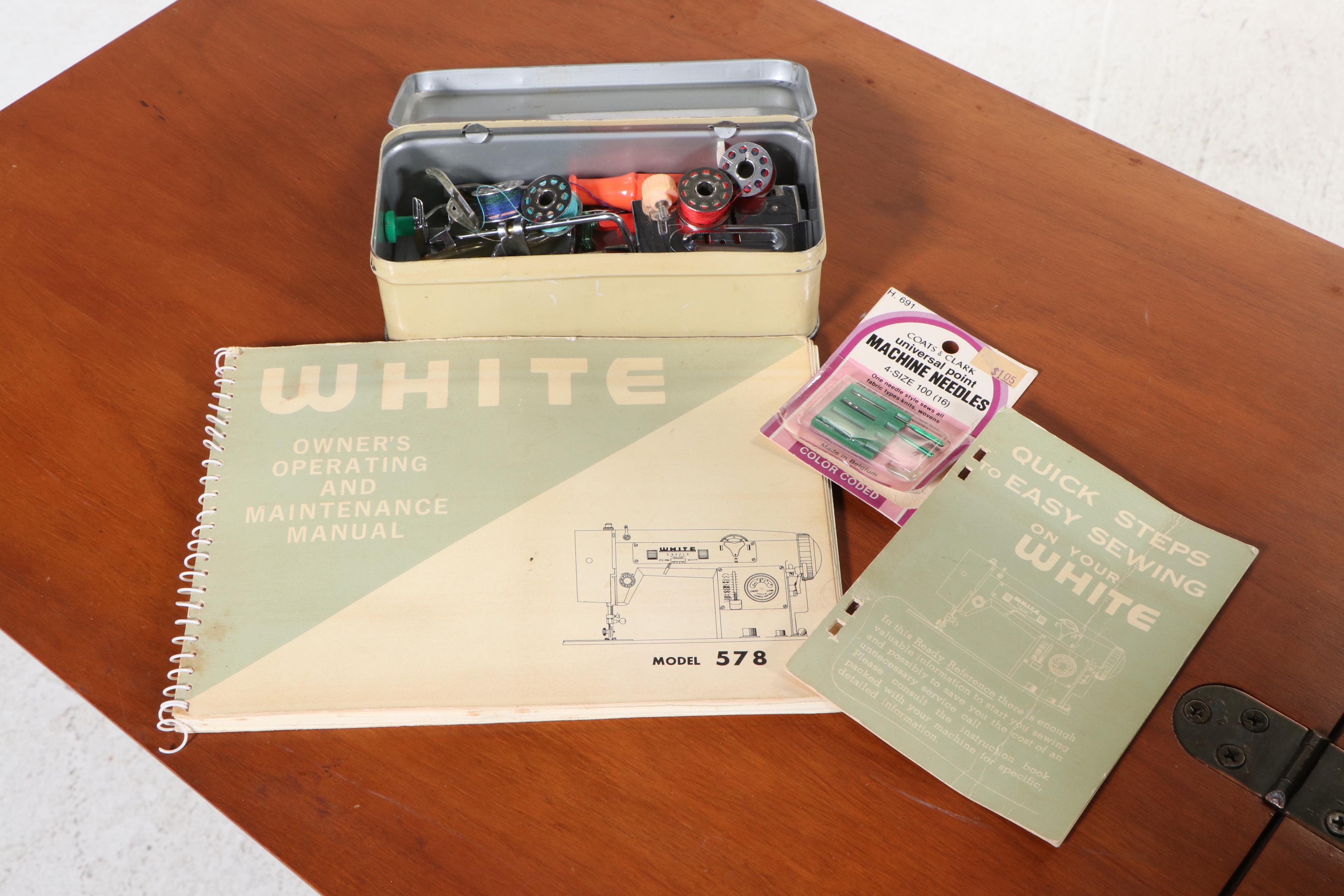 White Model 578 Sewing Machine with Wood Cabinet, Mid-20th Century