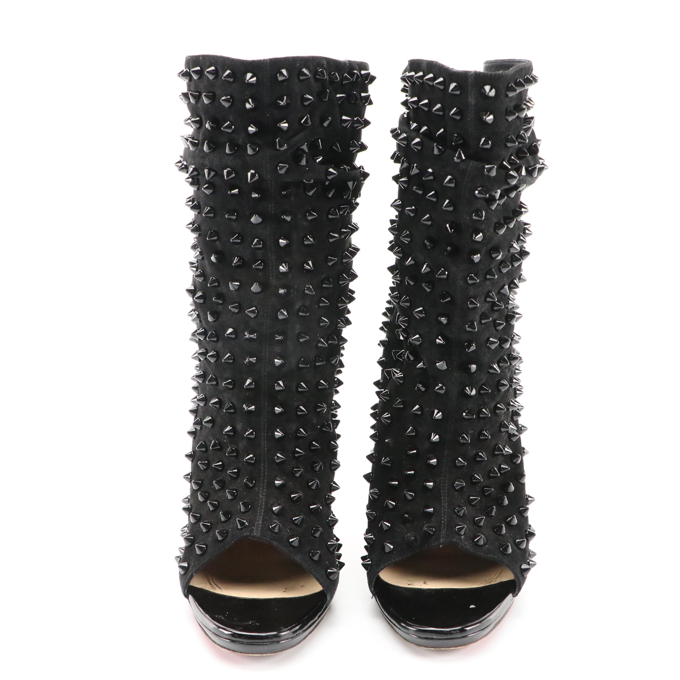 Christian Louboutin Black Guerilla Studded Suede Peep-Toe High-Heeled Booties