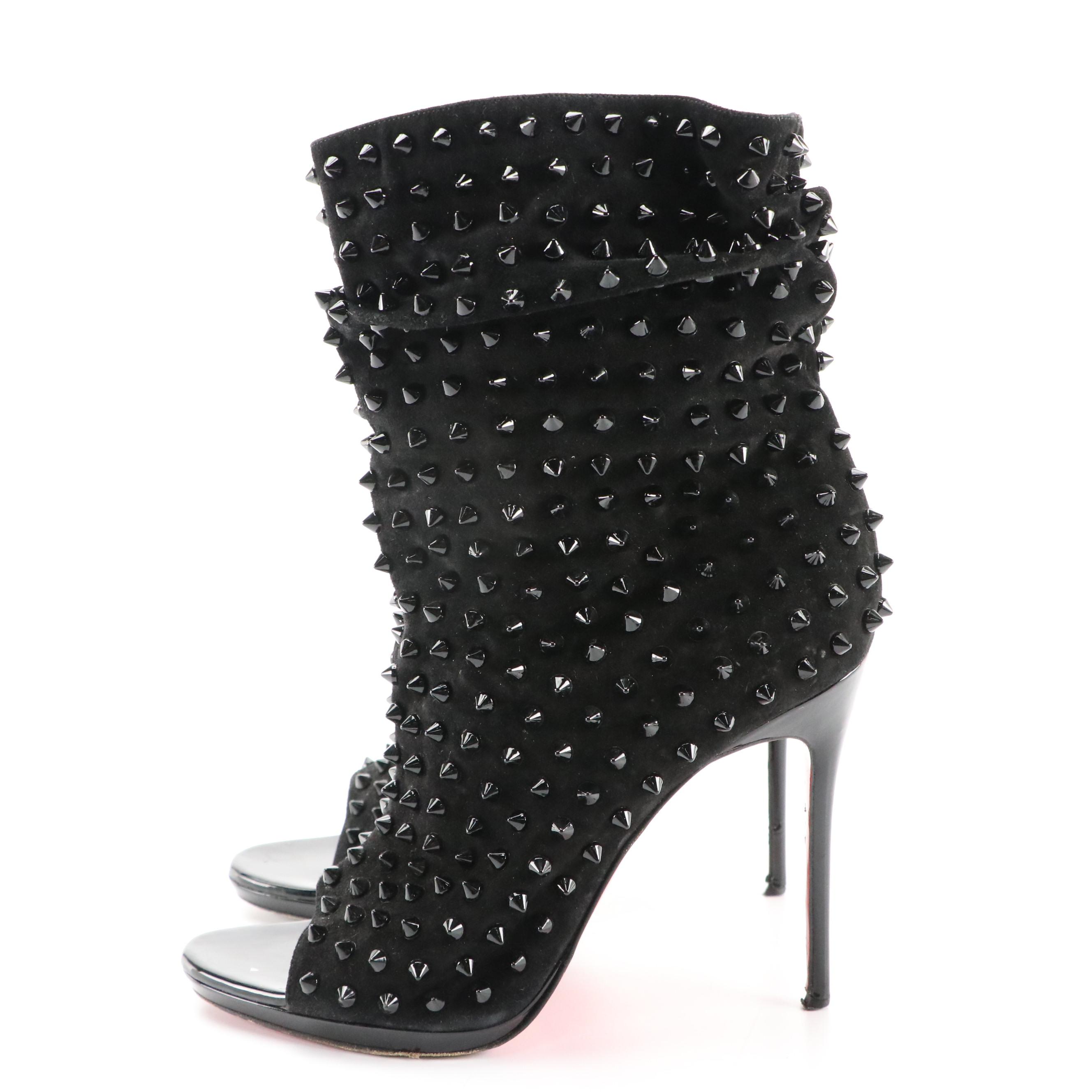 Christian Louboutin Black Guerilla Studded Suede Peep-Toe High-Heeled Booties