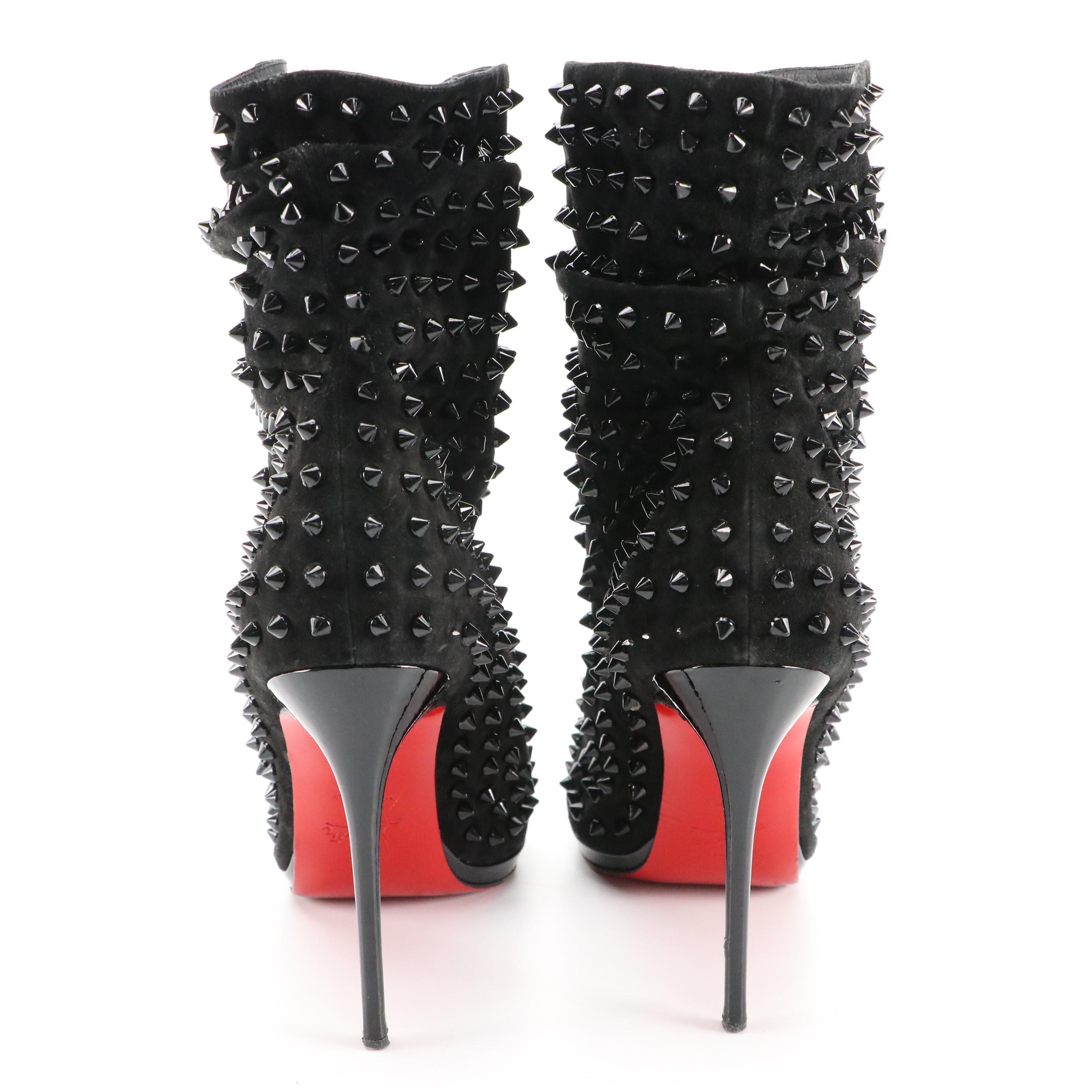 Christian Louboutin Black Guerilla Studded Suede Peep-Toe High-Heeled Booties