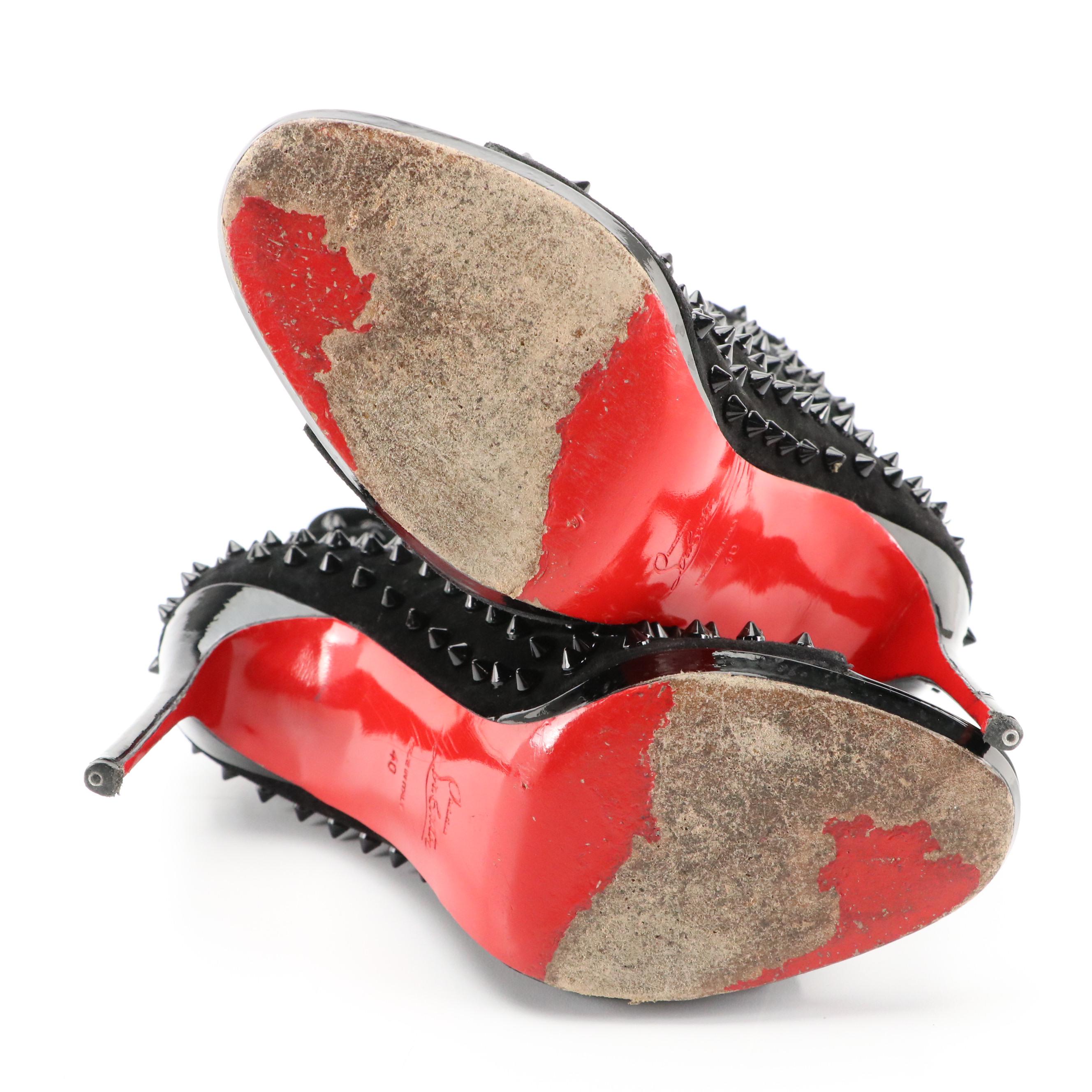 Christian Louboutin Black Guerilla Studded Suede Peep-Toe High-Heeled Booties