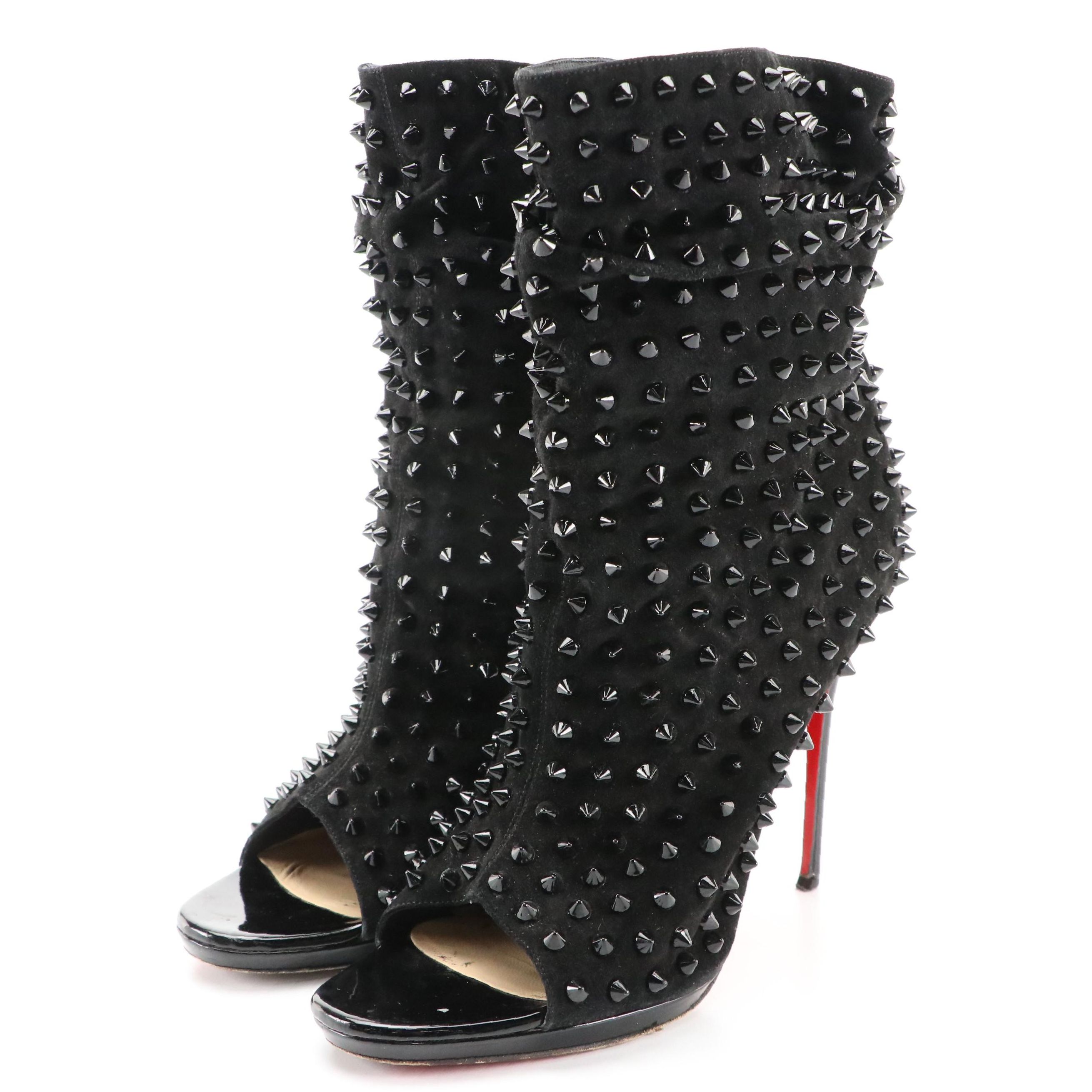 Christian Louboutin Black Guerilla Studded Suede Peep-Toe High-Heeled Booties