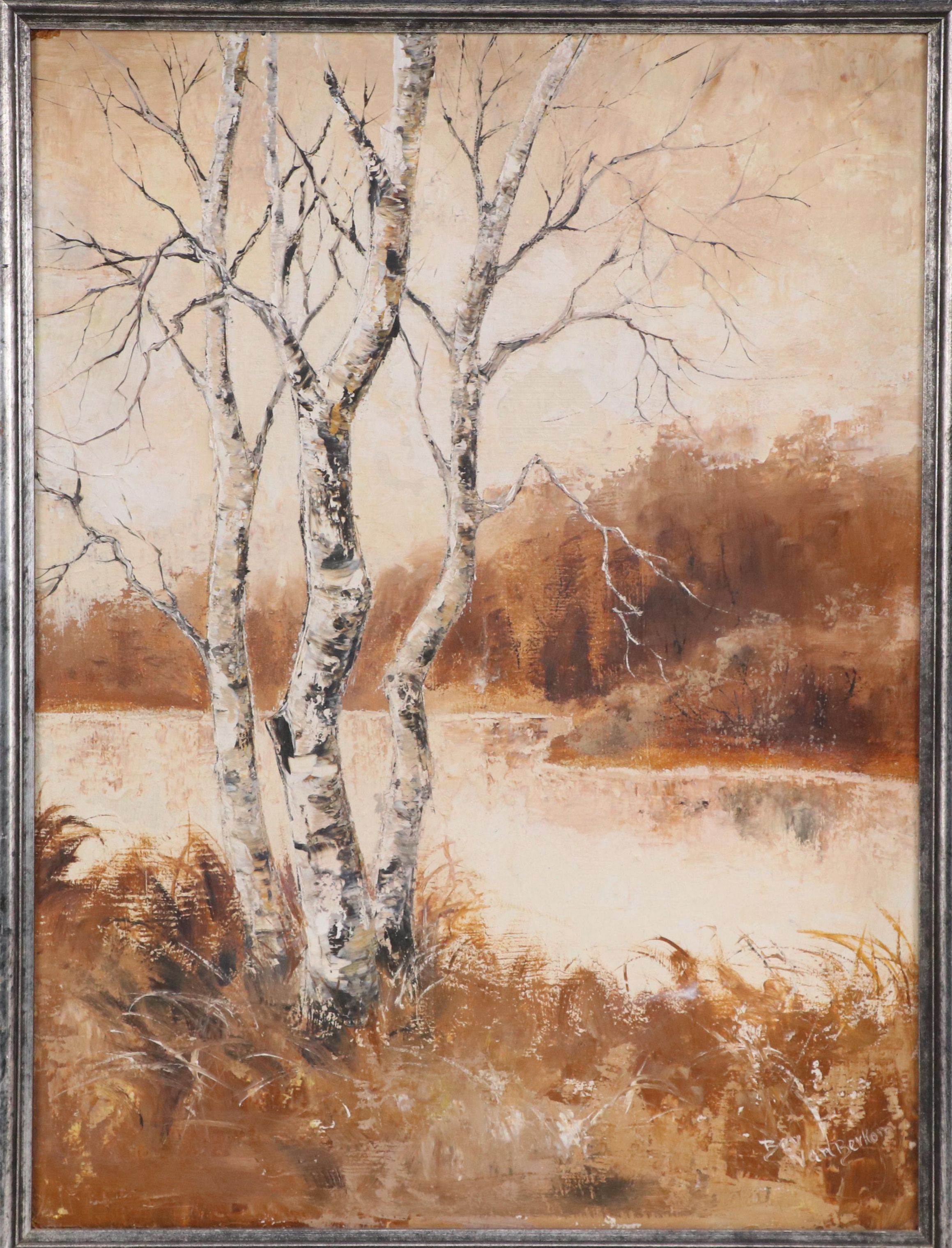 Bev Van Berkom Oil Painting of an Autumnal Landscape with Pond