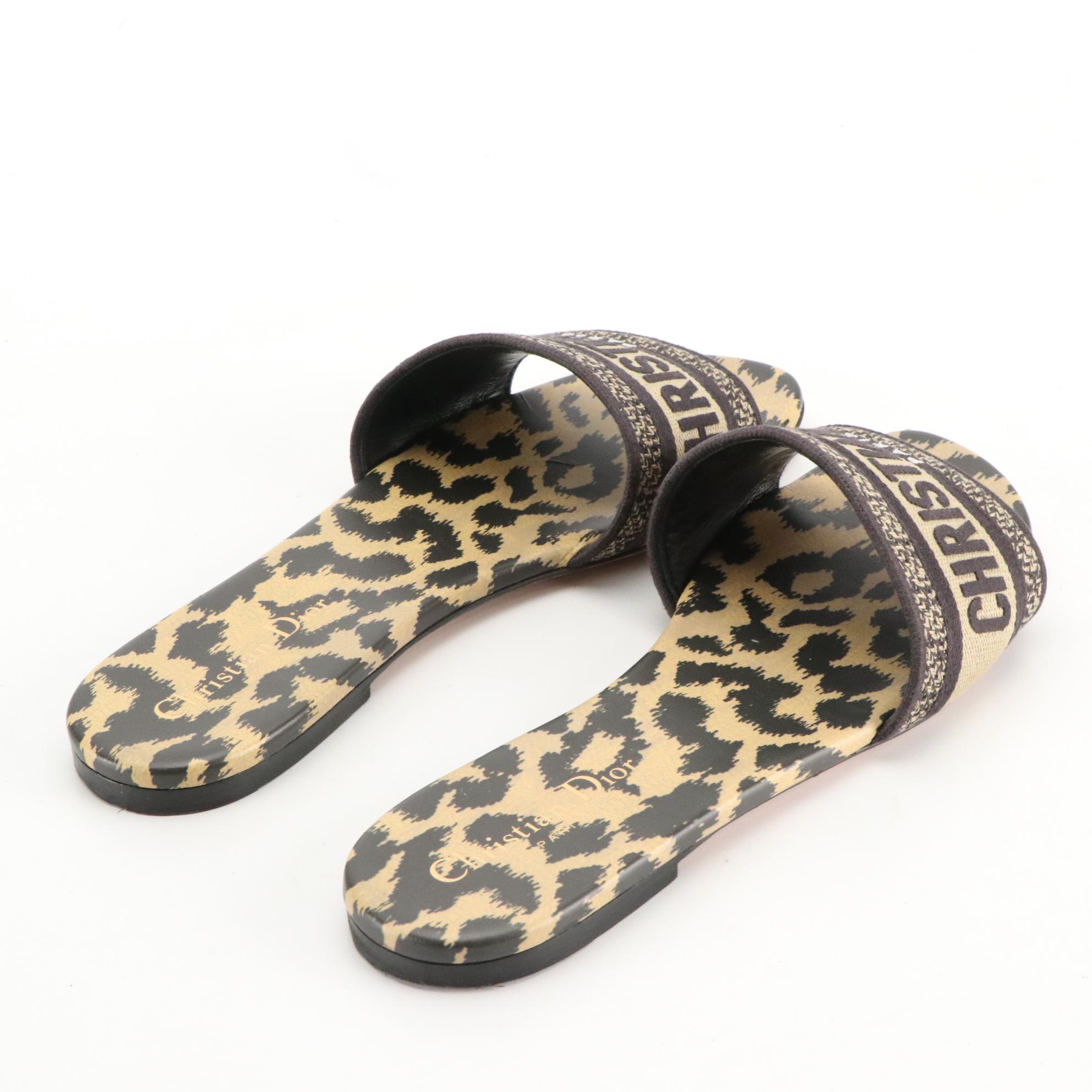 Christian Dior Signature and Leopard Print Dway Slide Sandals