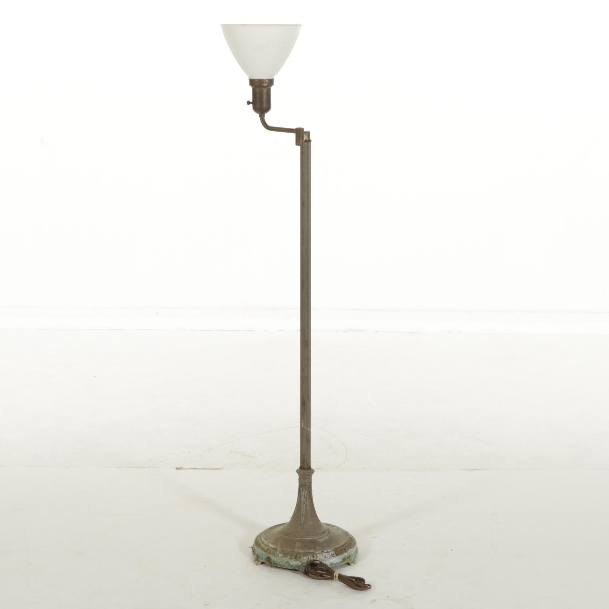 Brass Swing-Arm Torchiere Floor Lamp with Milk Glass Shade